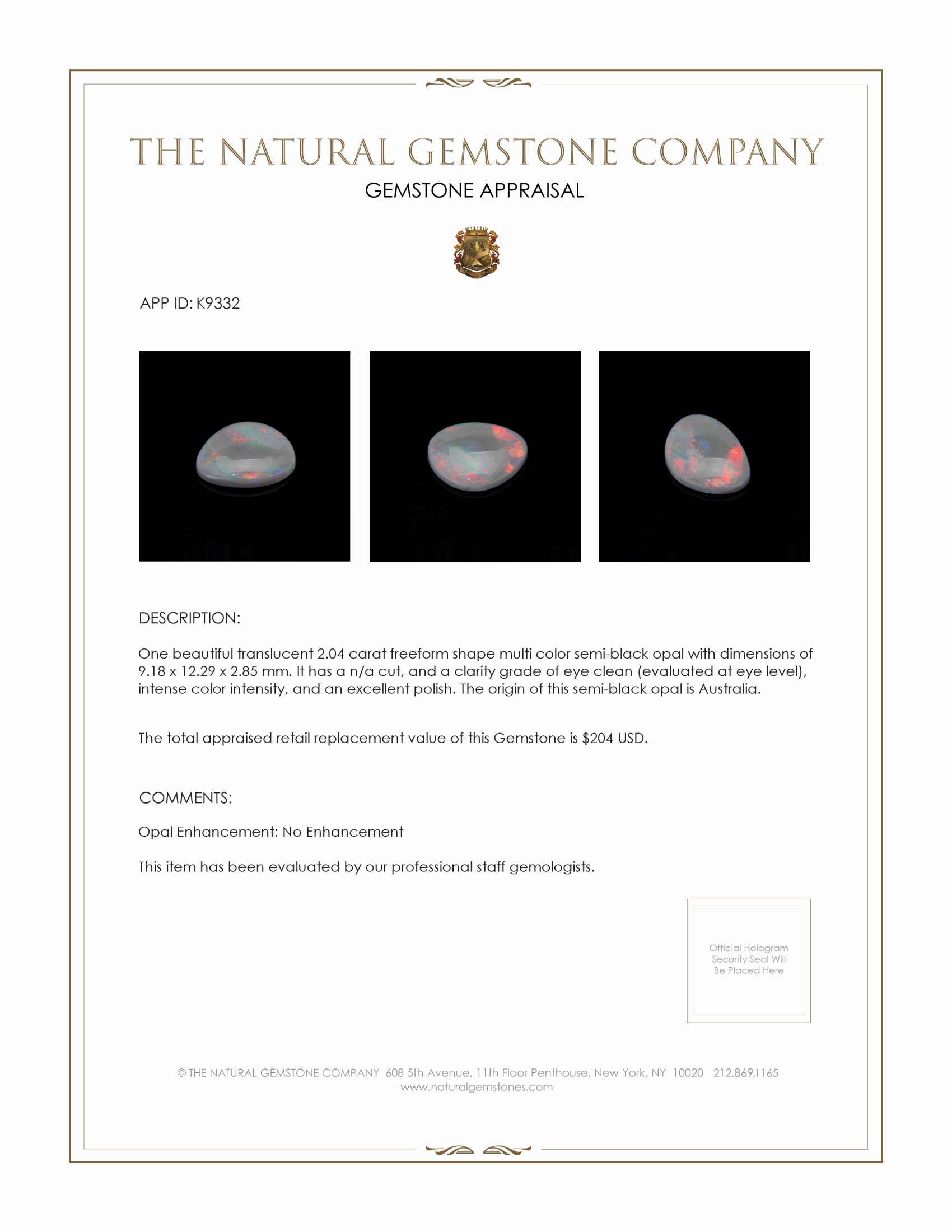 2.04 Ct. Multi Color Semi-Black Opal from Australia