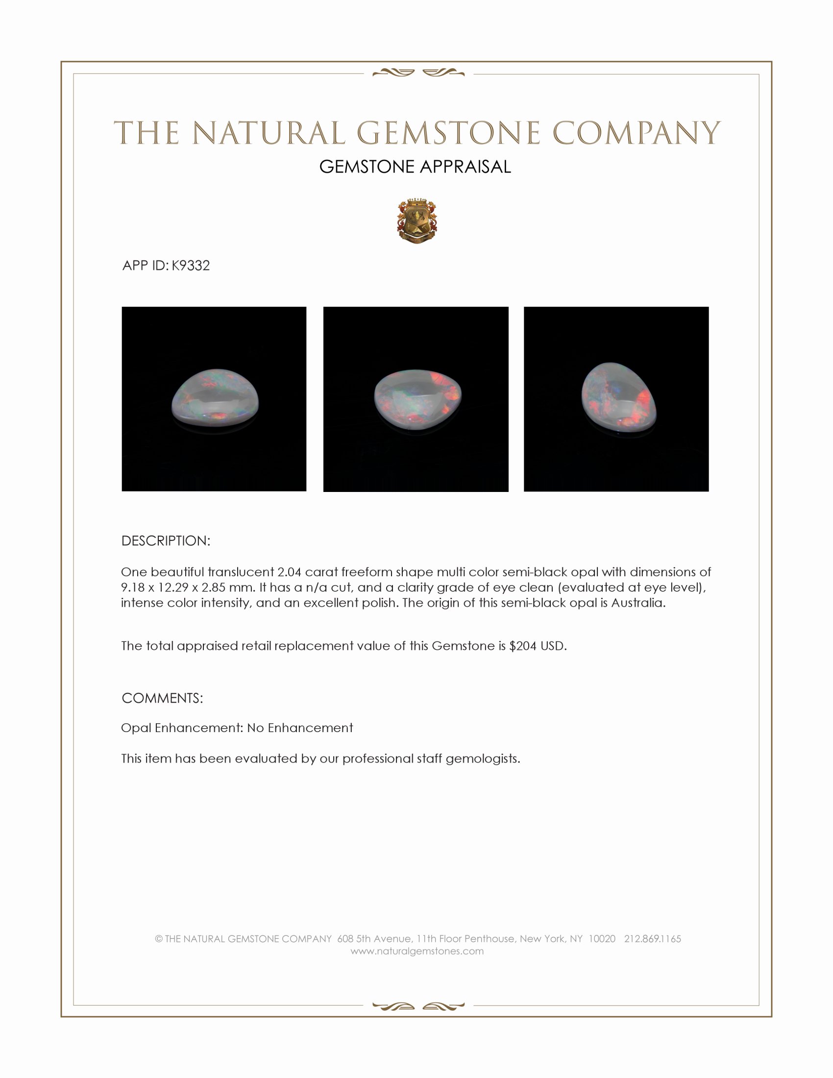 2.04 Ct. Semi-Black Opal from Australia