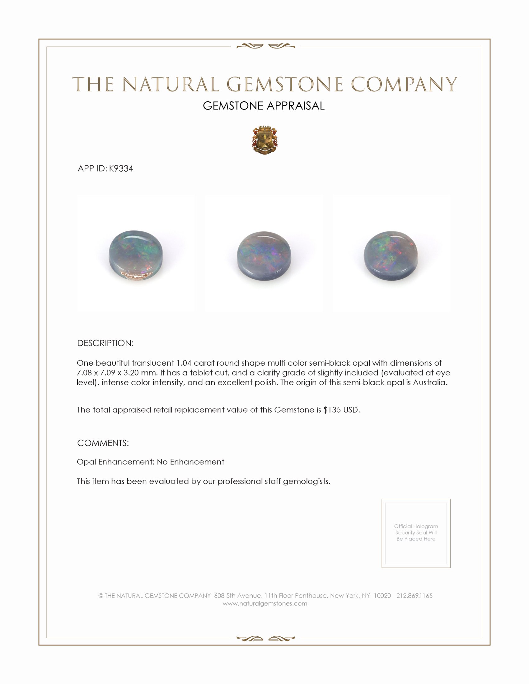 1.04 Ct. Semi-Black Opal from Australia