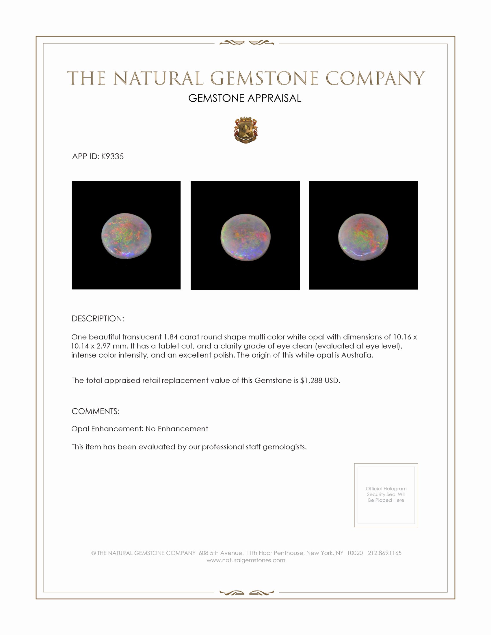 1.84 Ct. White Opal from Australia