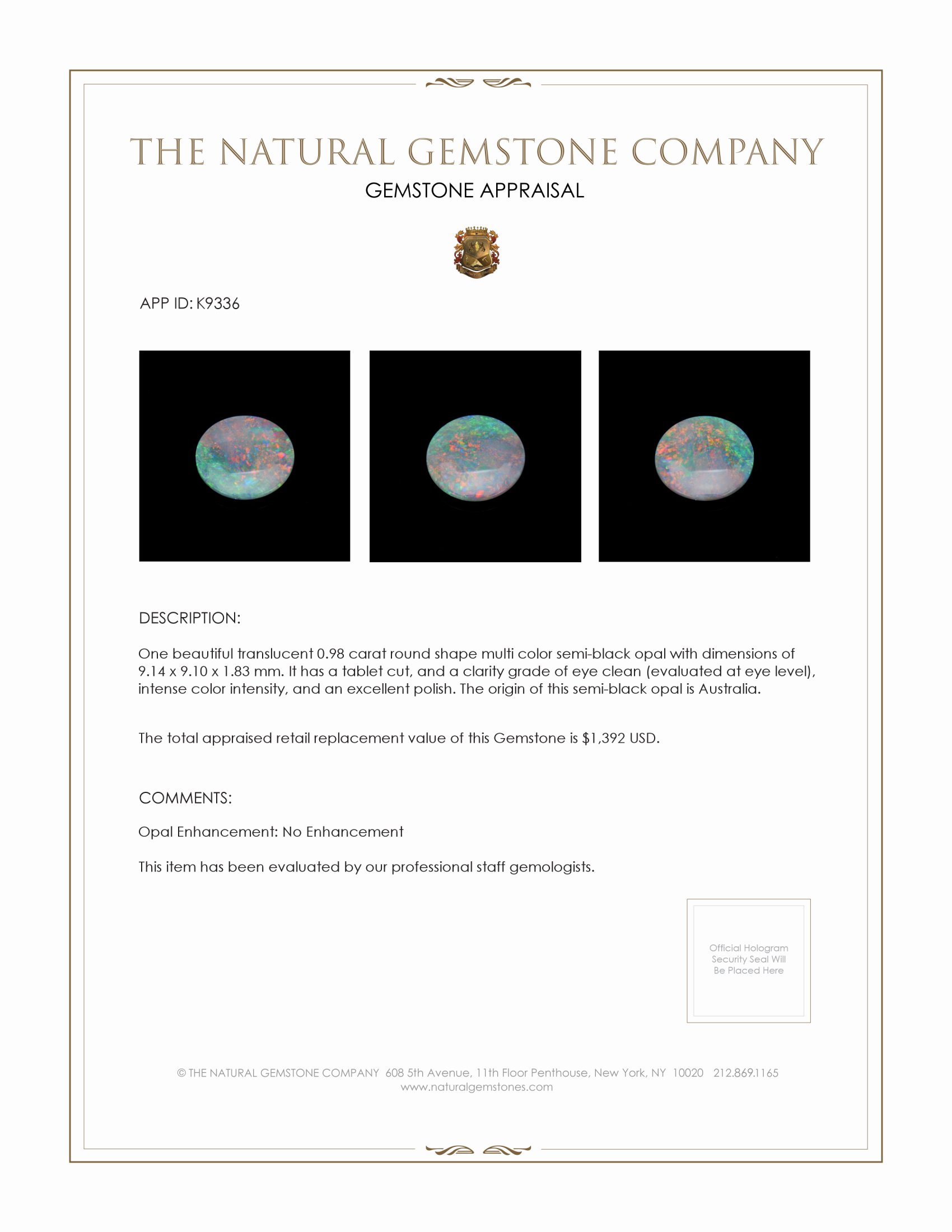0.98 Ct. Multi Color Crystal Opal (Jelly Opal) from Australia