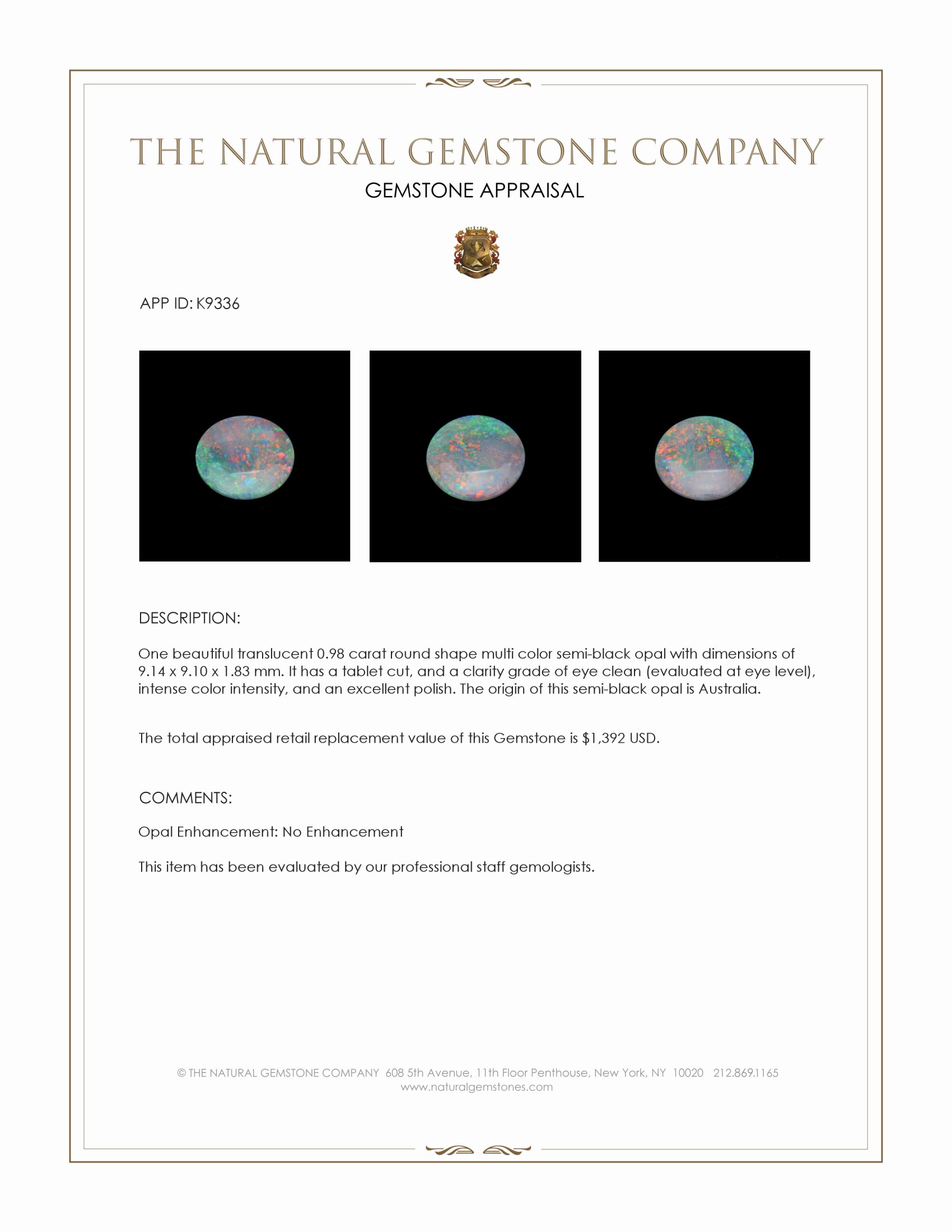 0.98 Ct. Multi Color Semi-Black Opal from Australia