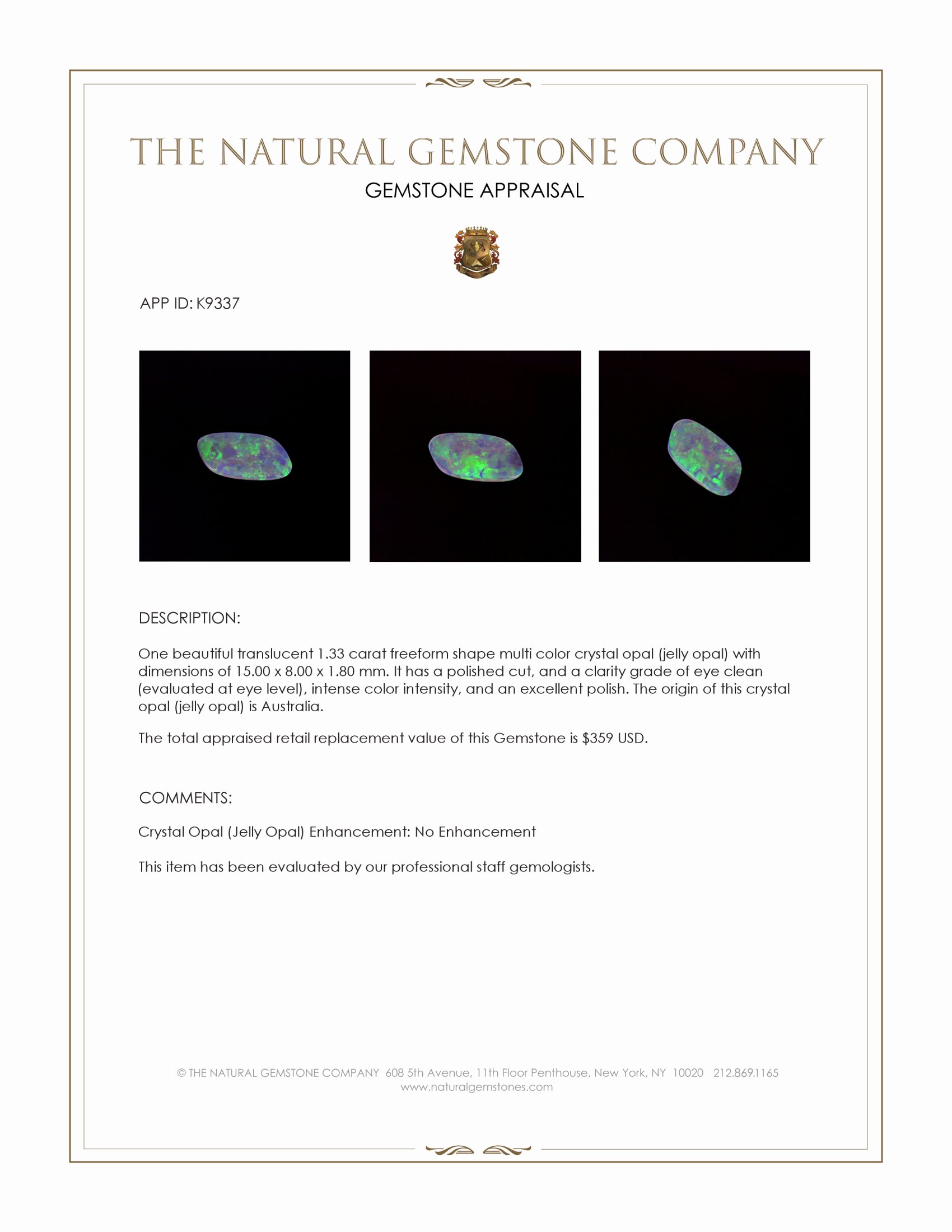 1.33 Ct. Multi Color Crystal Opal (Jelly Opal) from Australia