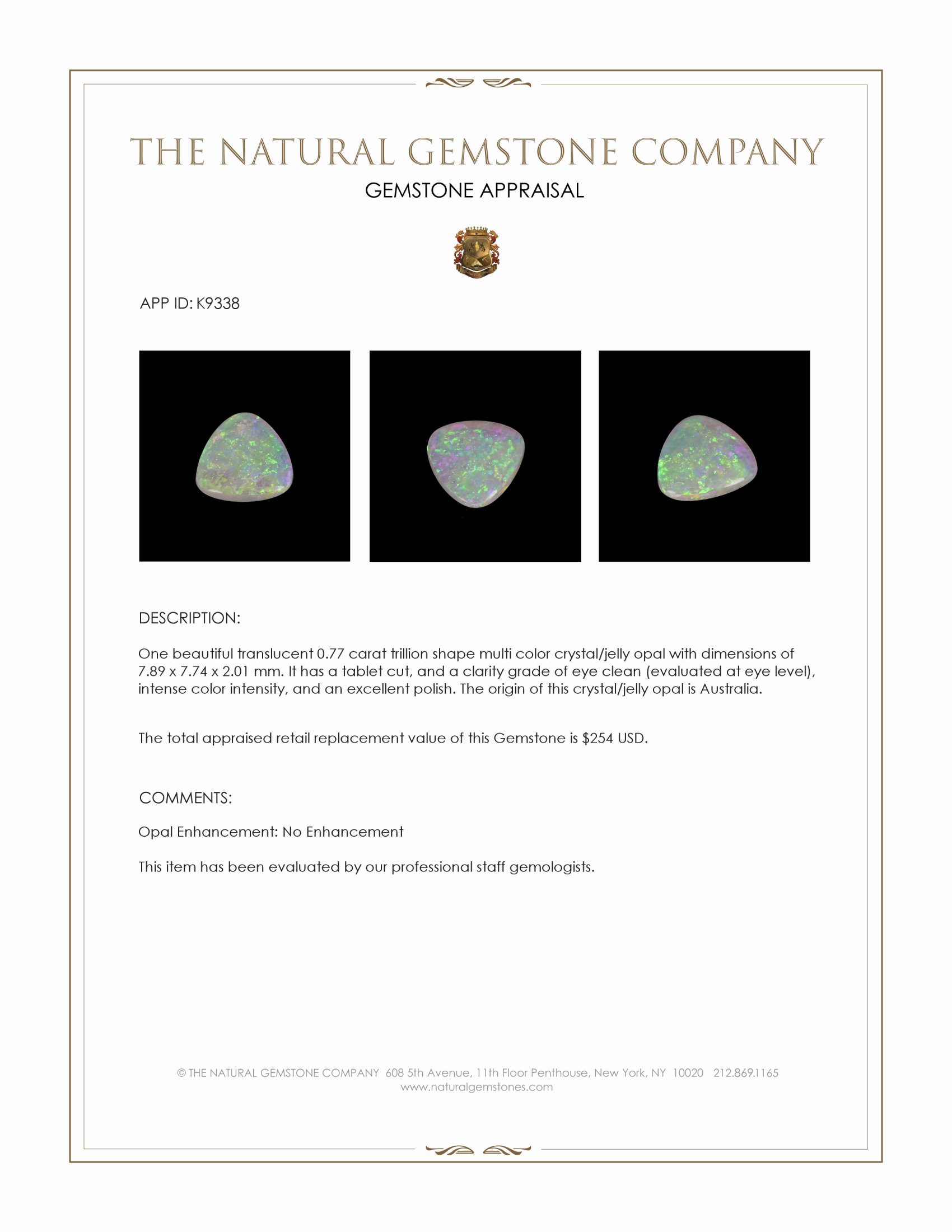 0.77 Ct. Crystal/Jelly Opal from Australia