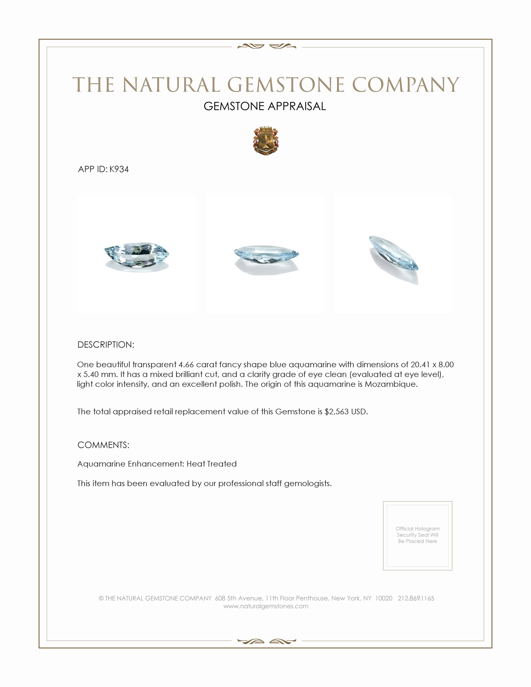 4.66 Ct. Aquamarine from Mozambique