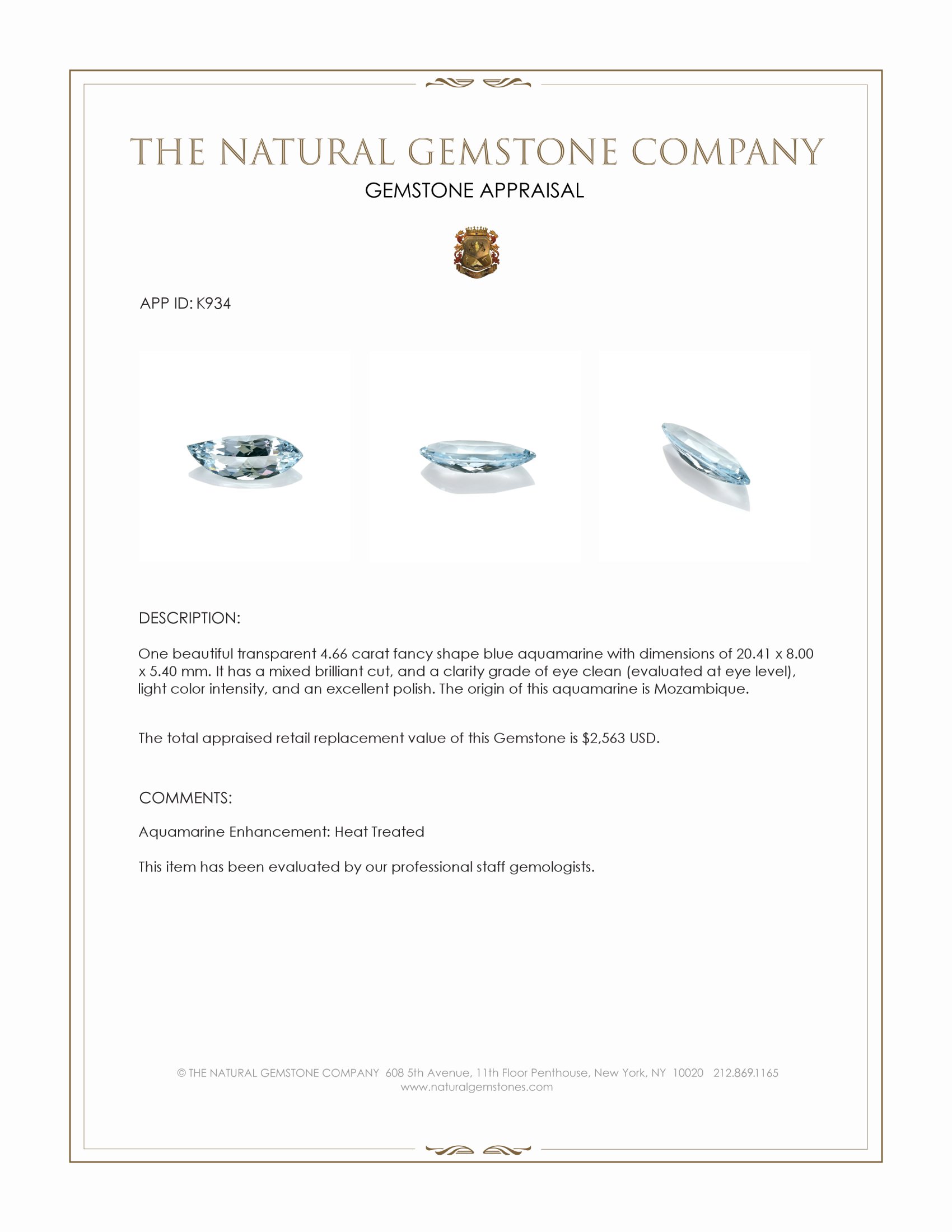 4.66 Ct. Blue Aquamarine from Mozambique