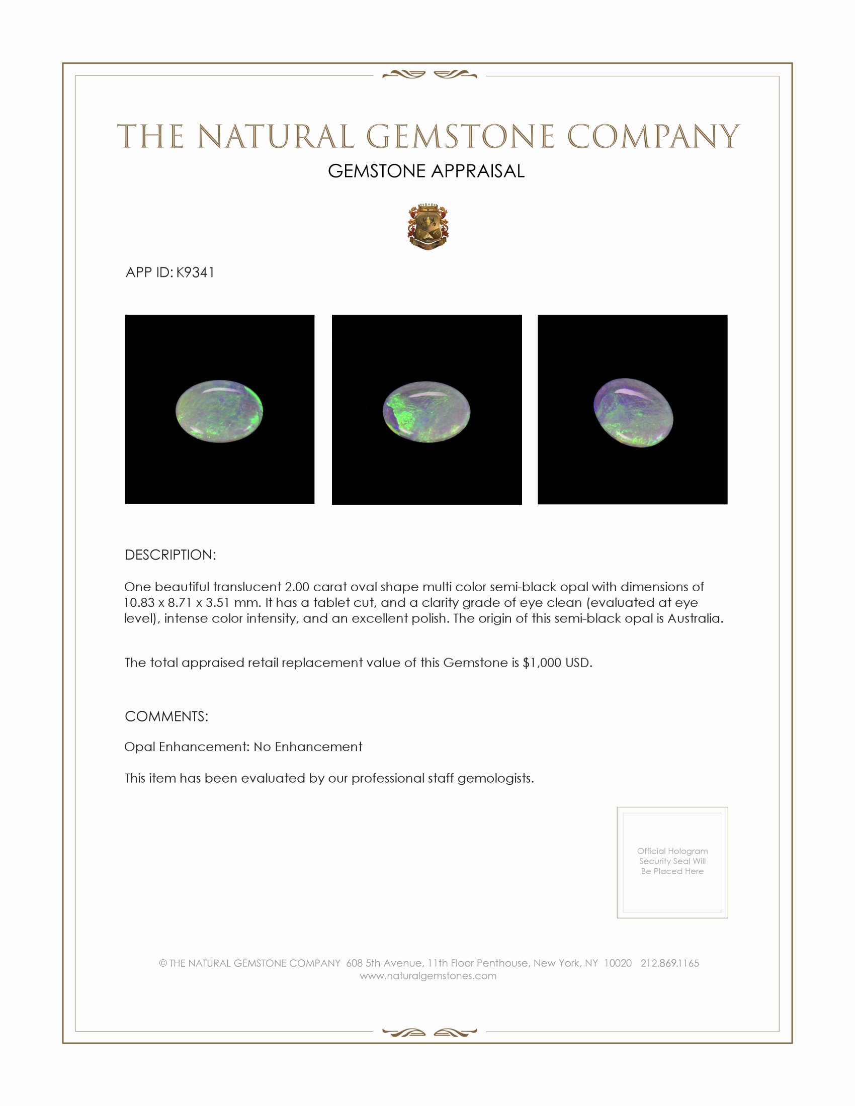 2.00 Ct. Semi-Black Opal from Australia