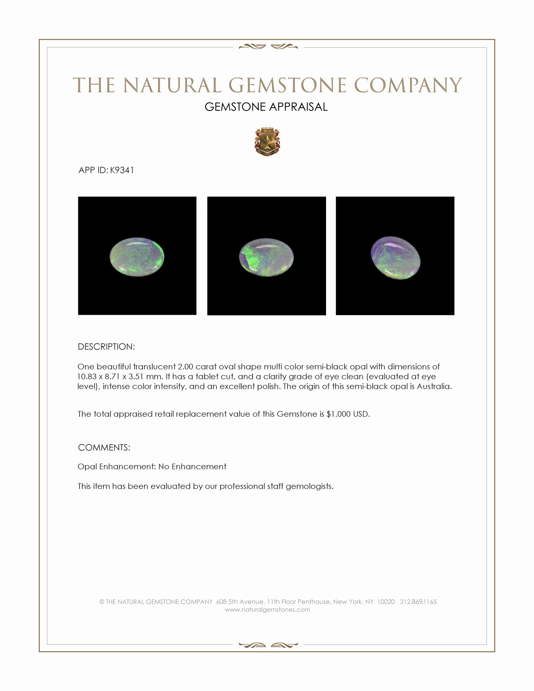 2.00 Ct. Multi Color Semi-Black Opal from Australia