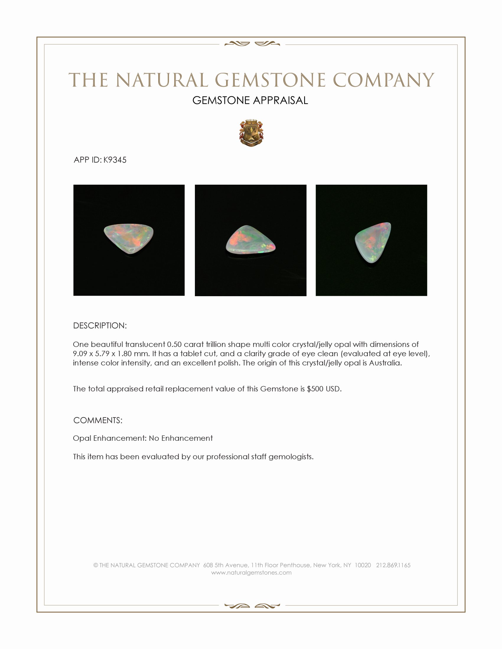 0.50 Ct. Multi Color Crystal Opal (Jelly Opal) from Australia