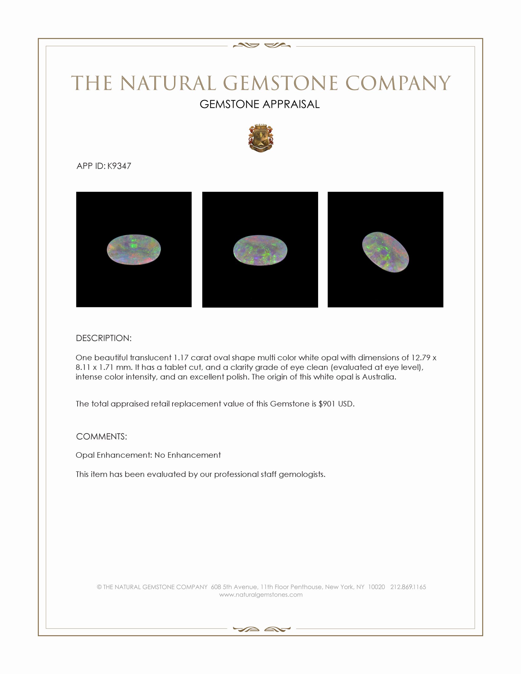 1.17 Ct. Multi Color White Opal from Australia