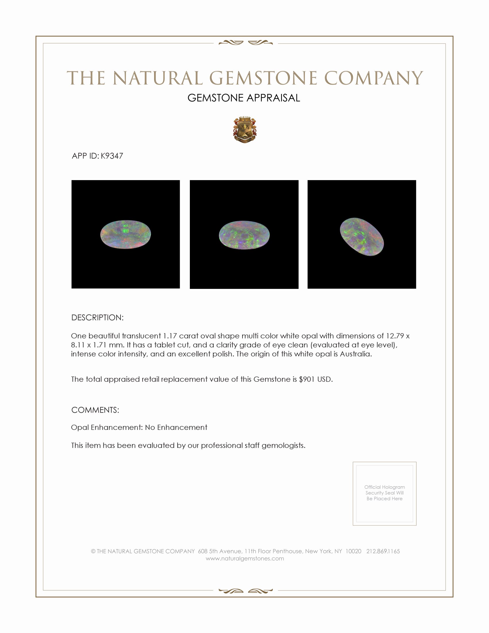 1.17 Ct. White Opal from Australia