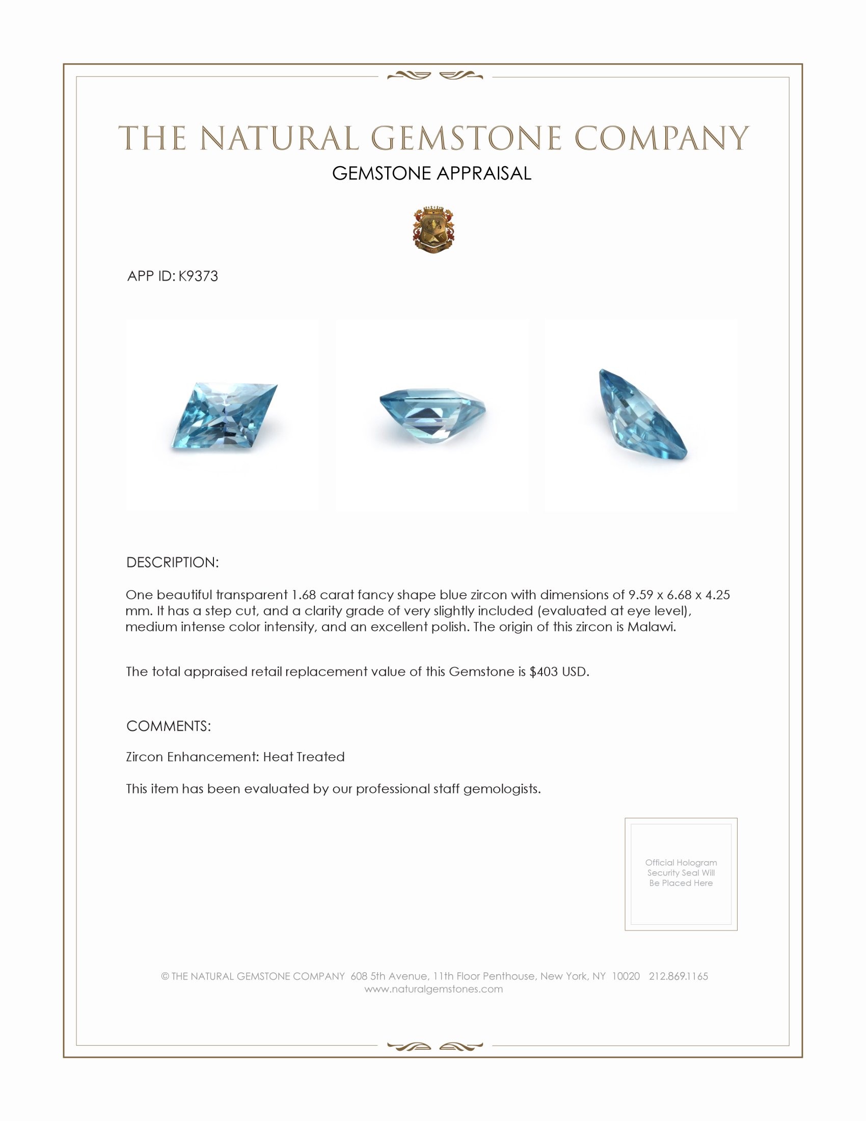 1.68 Ct. Zircon from Malawi