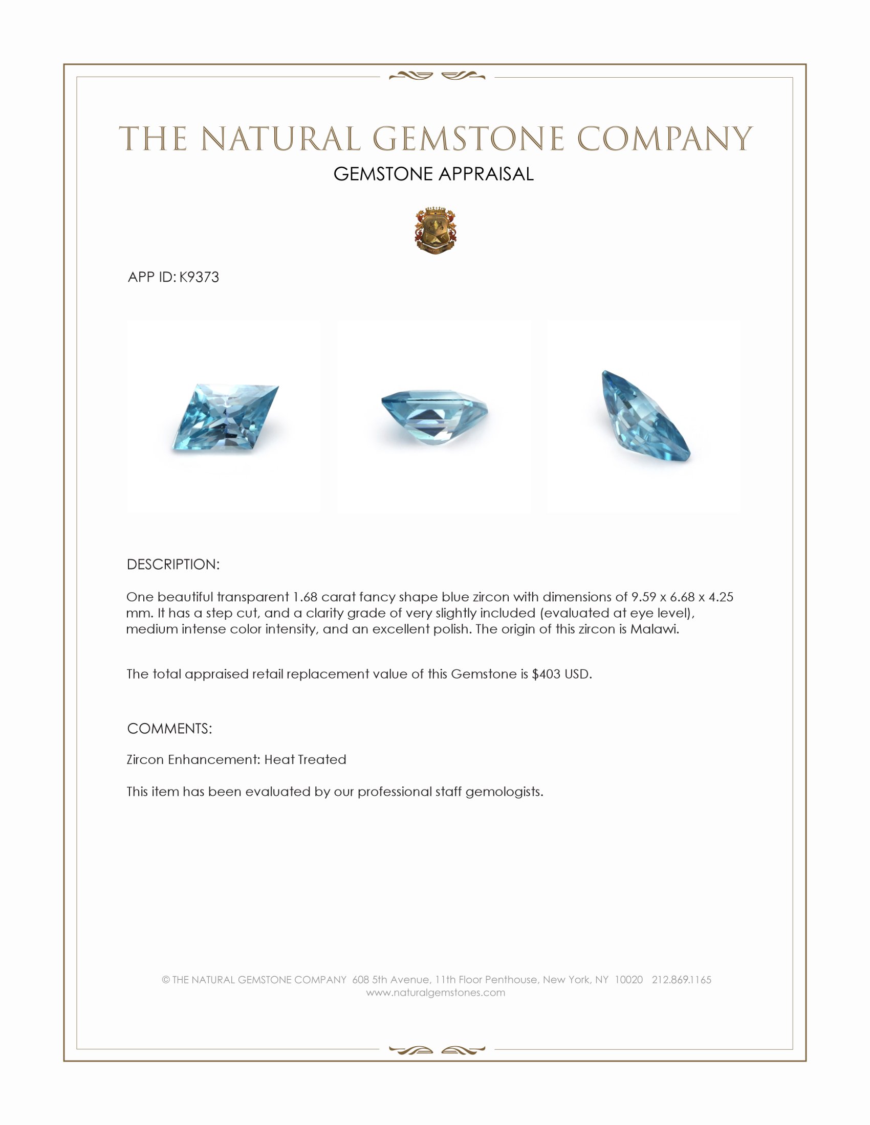 1.68 Ct. Zircon from Malawi