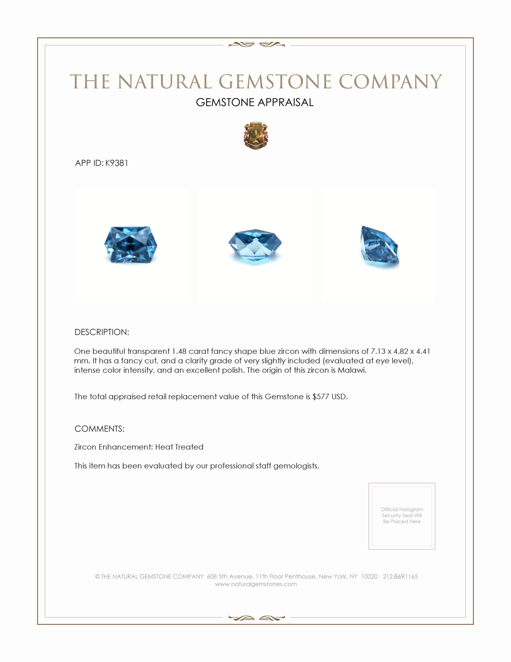 1.48 Ct. Zircon from Malawi