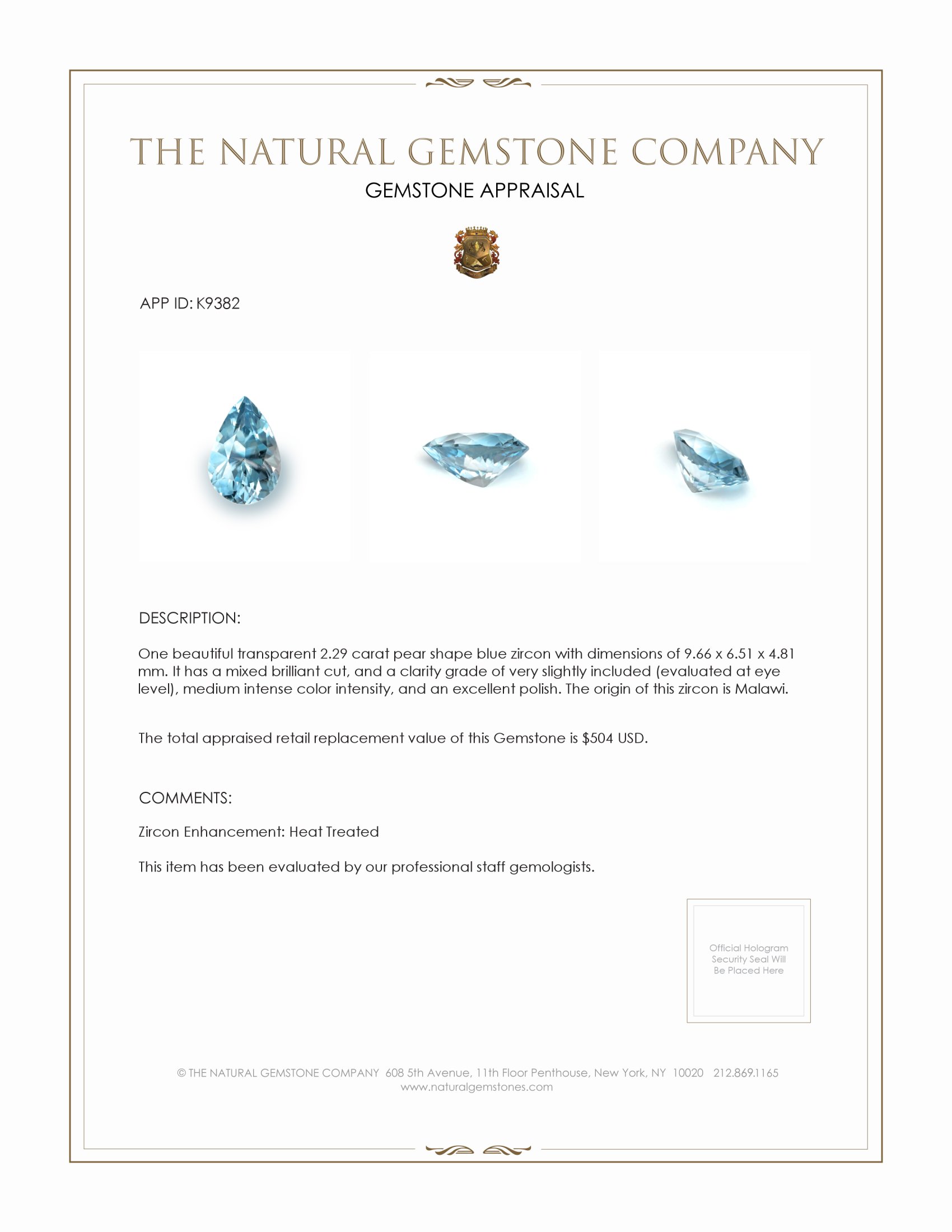 2.29 Ct. Zircon from Malawi