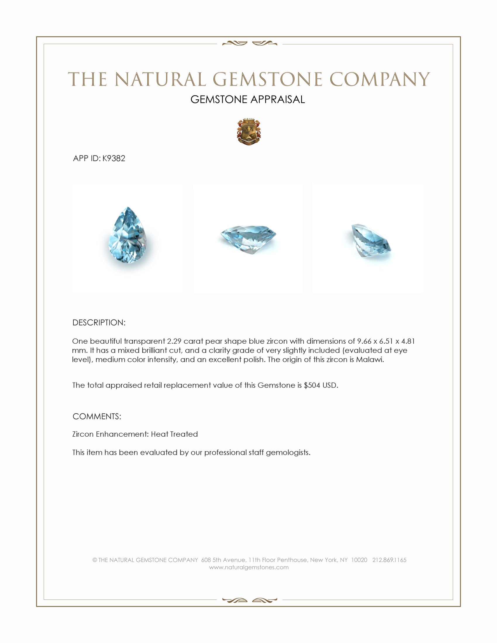 2.29 Ct. Blue Zircon from Malawi