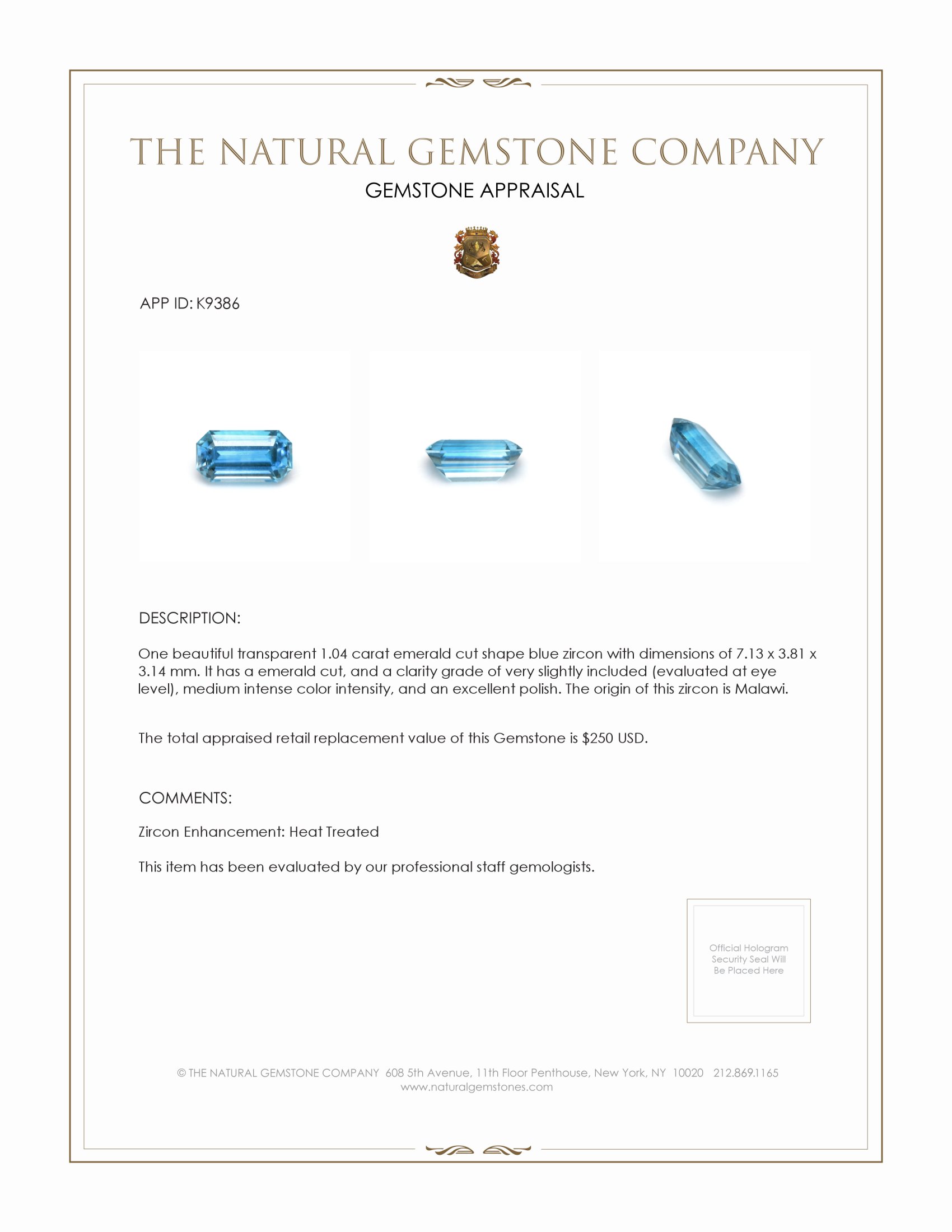 1.04 Ct. Zircon from Malawi