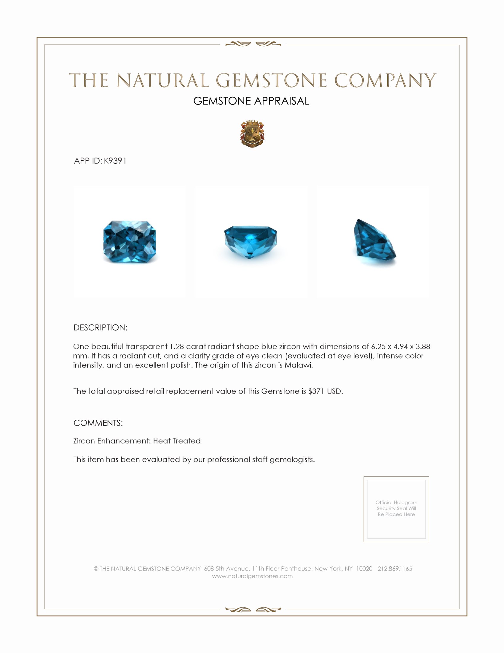 1.28 Ct. Zircon from Malawi