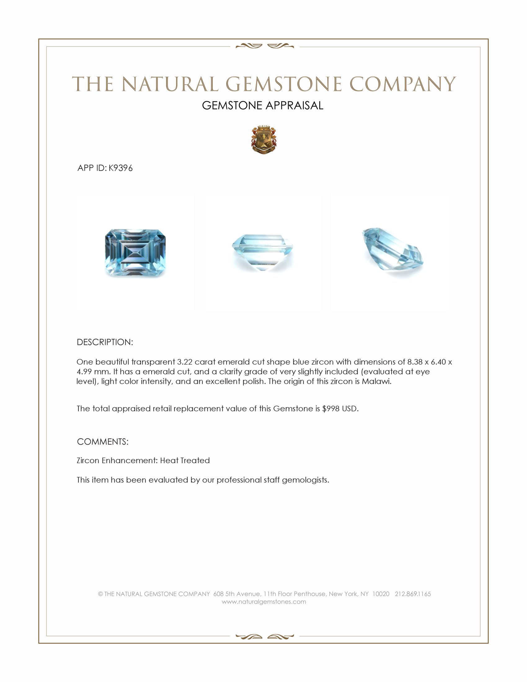 3.22 Ct. Blue Zircon from Malawi