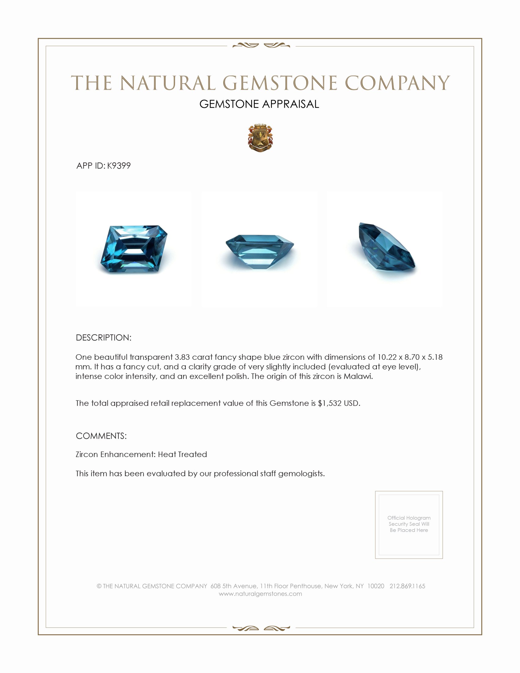 3.83 Ct. Zircon from Malawi