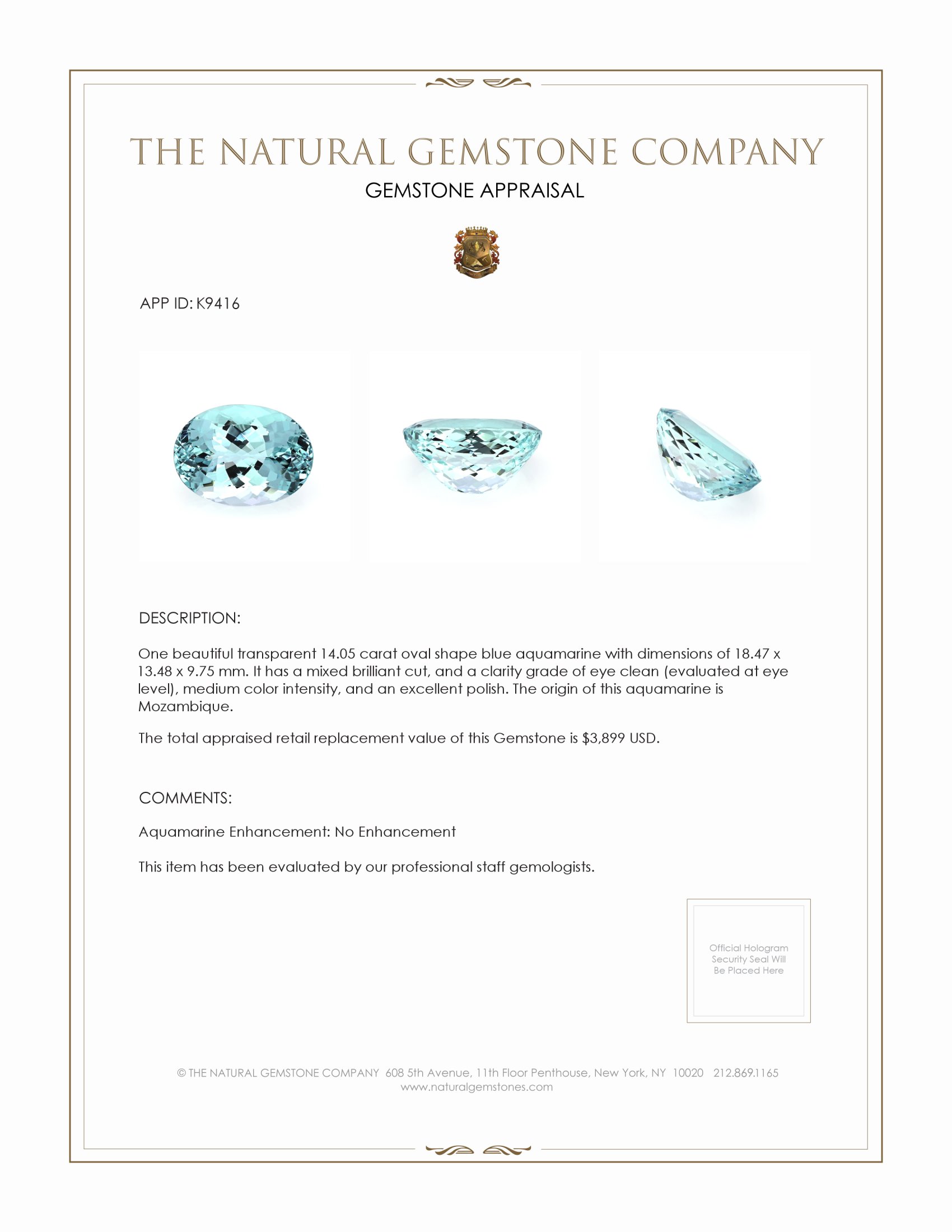 14.05 Ct. Aquamarine from Mozambique
