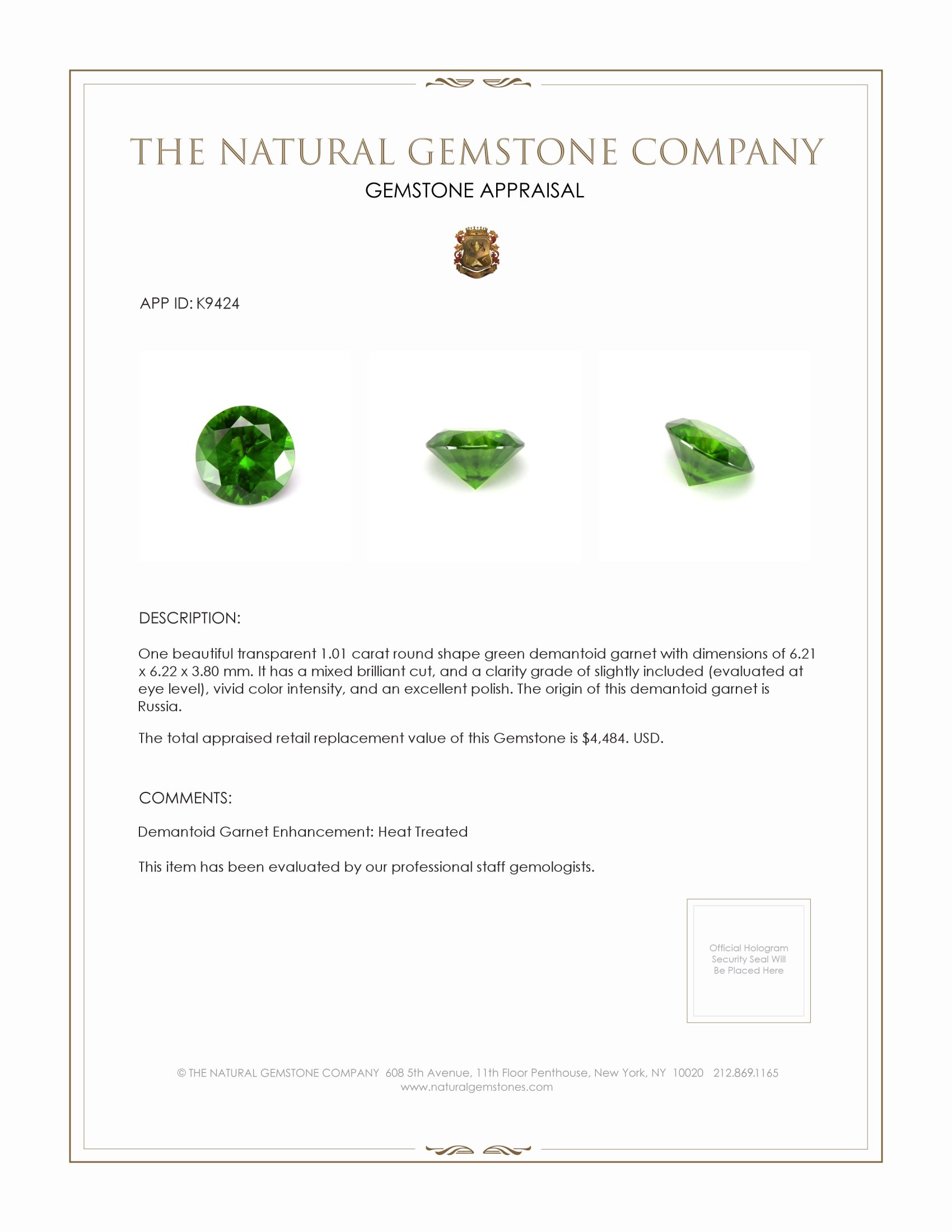 1.01 Ct. Demantoid Garnet from Russia