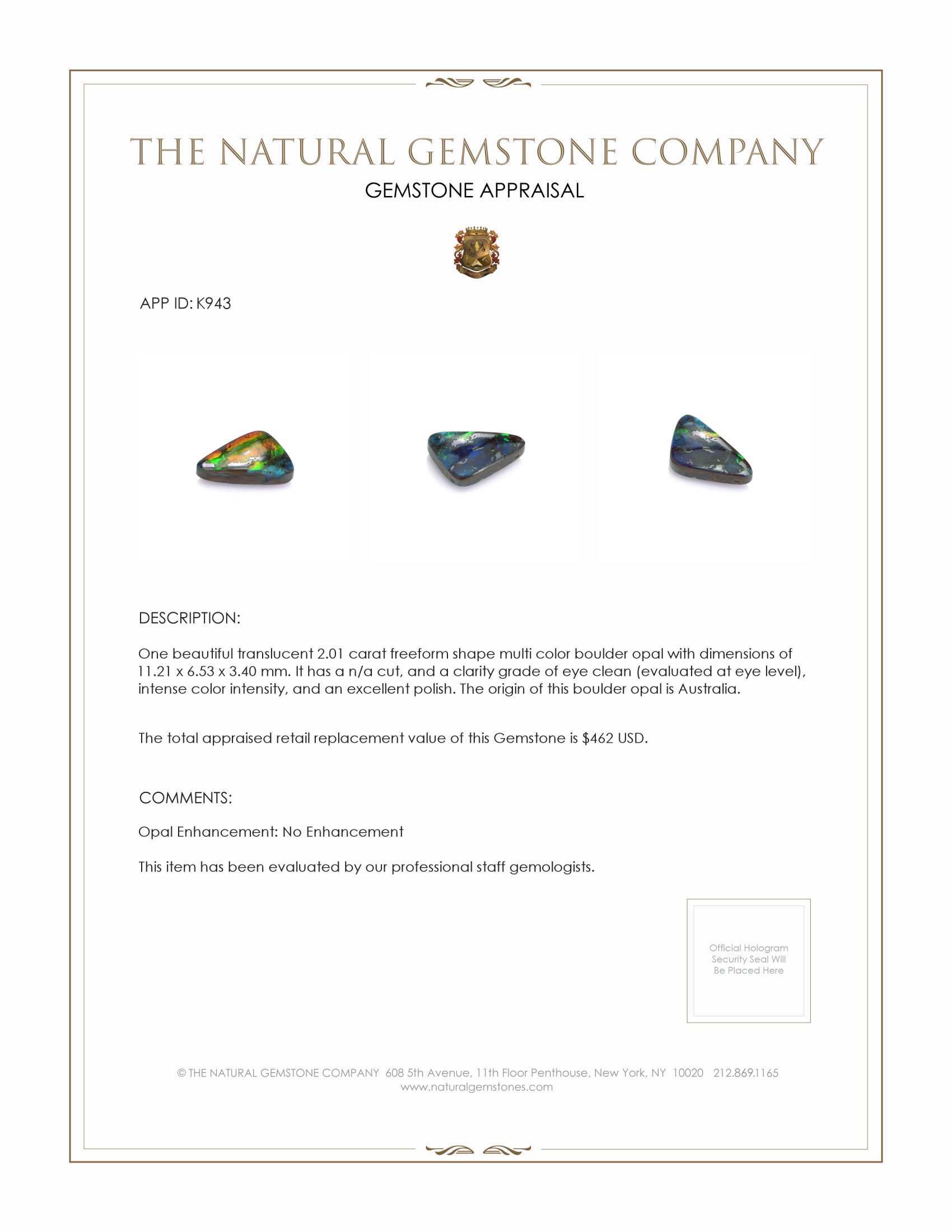 2.01 Ct. Boulder Opal from Australia