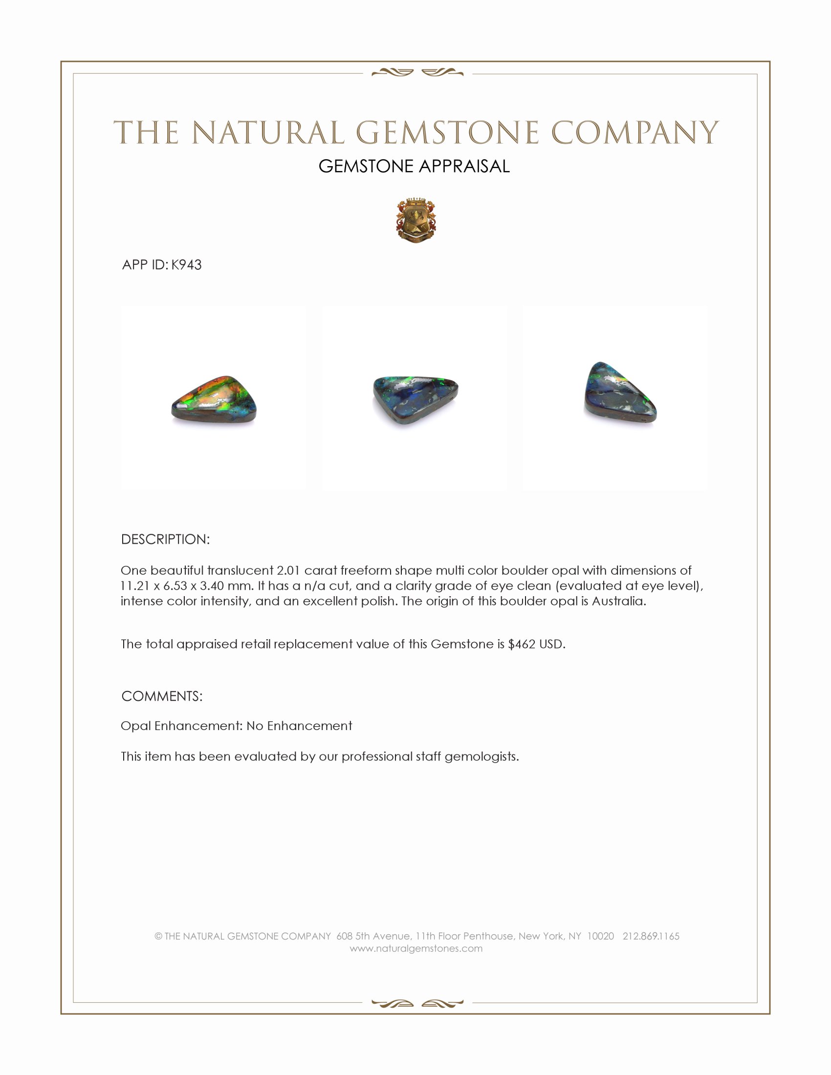 2.01 Ct. Boulder Opal from Australia