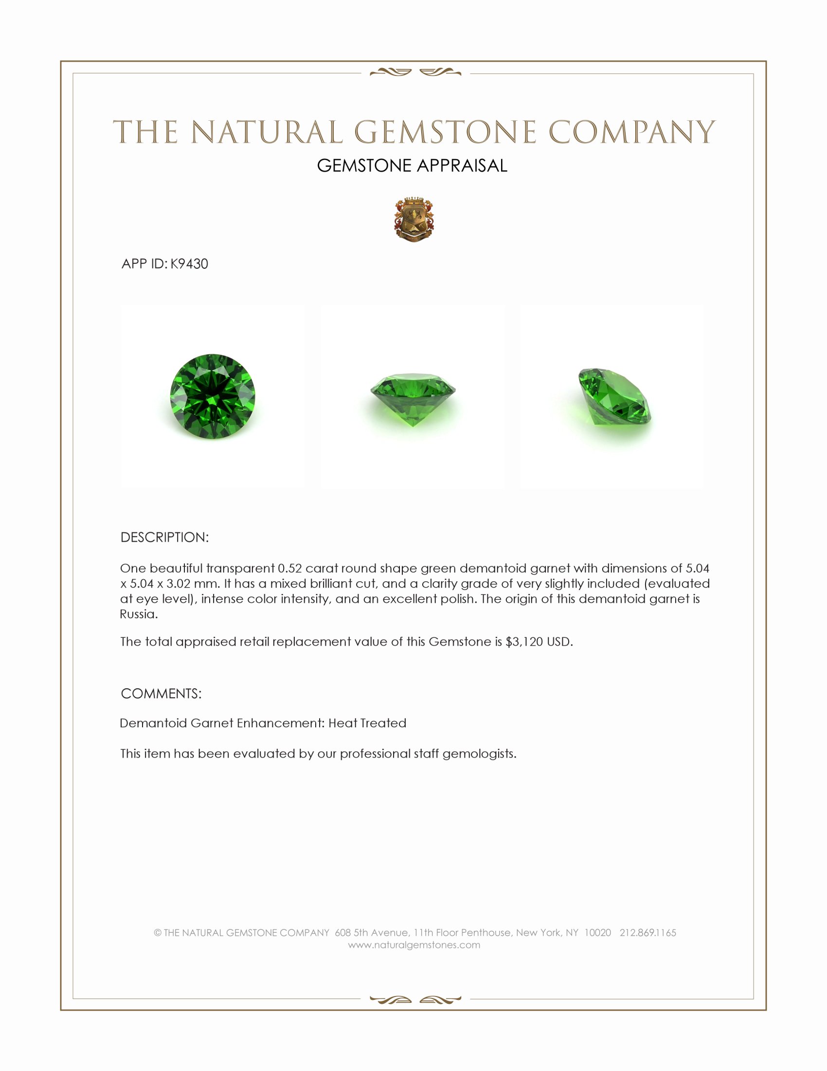 0.52 Ct. Green Demantoid Garnet from Russia