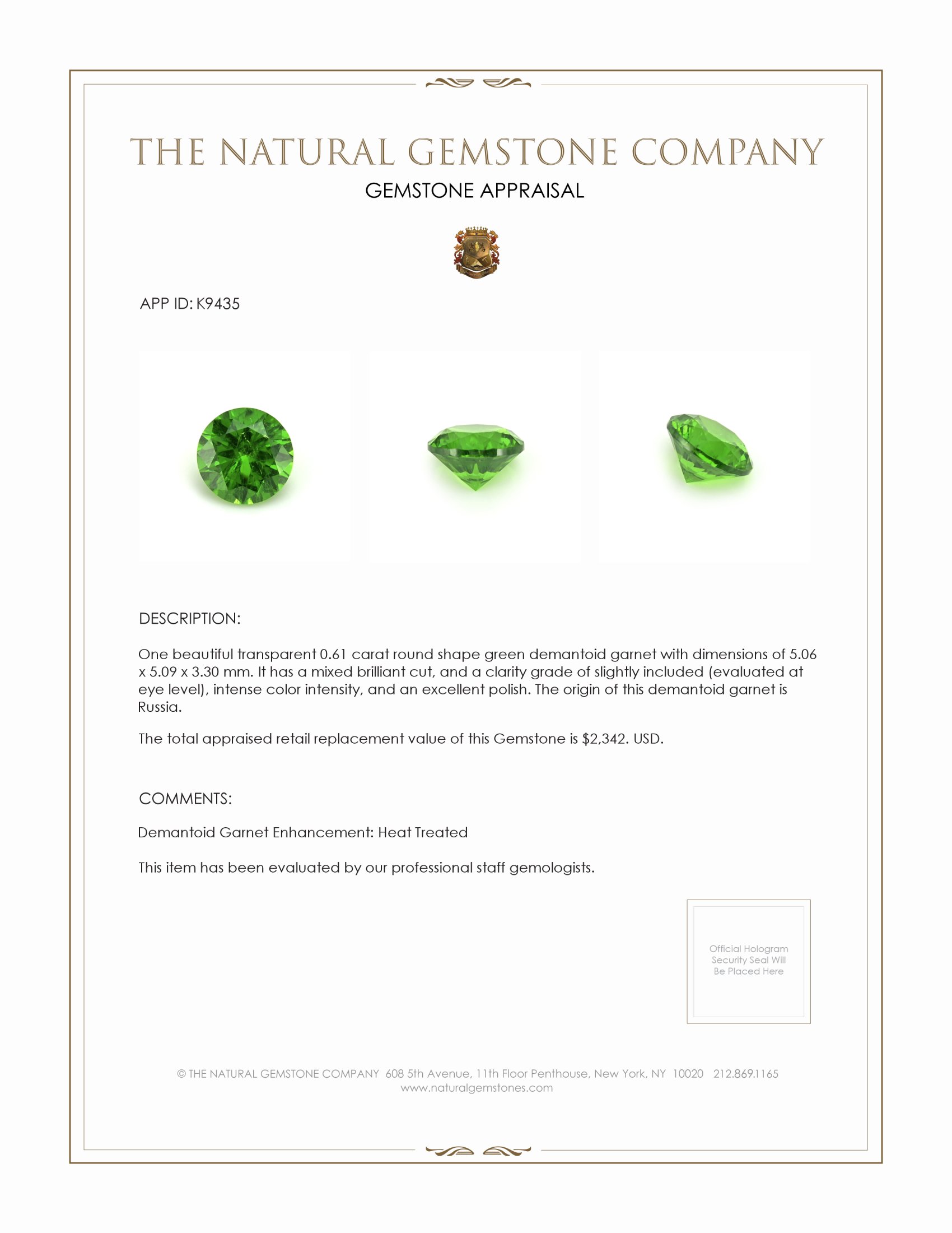 0.61 Ct. Demantoid Garnet from Russia