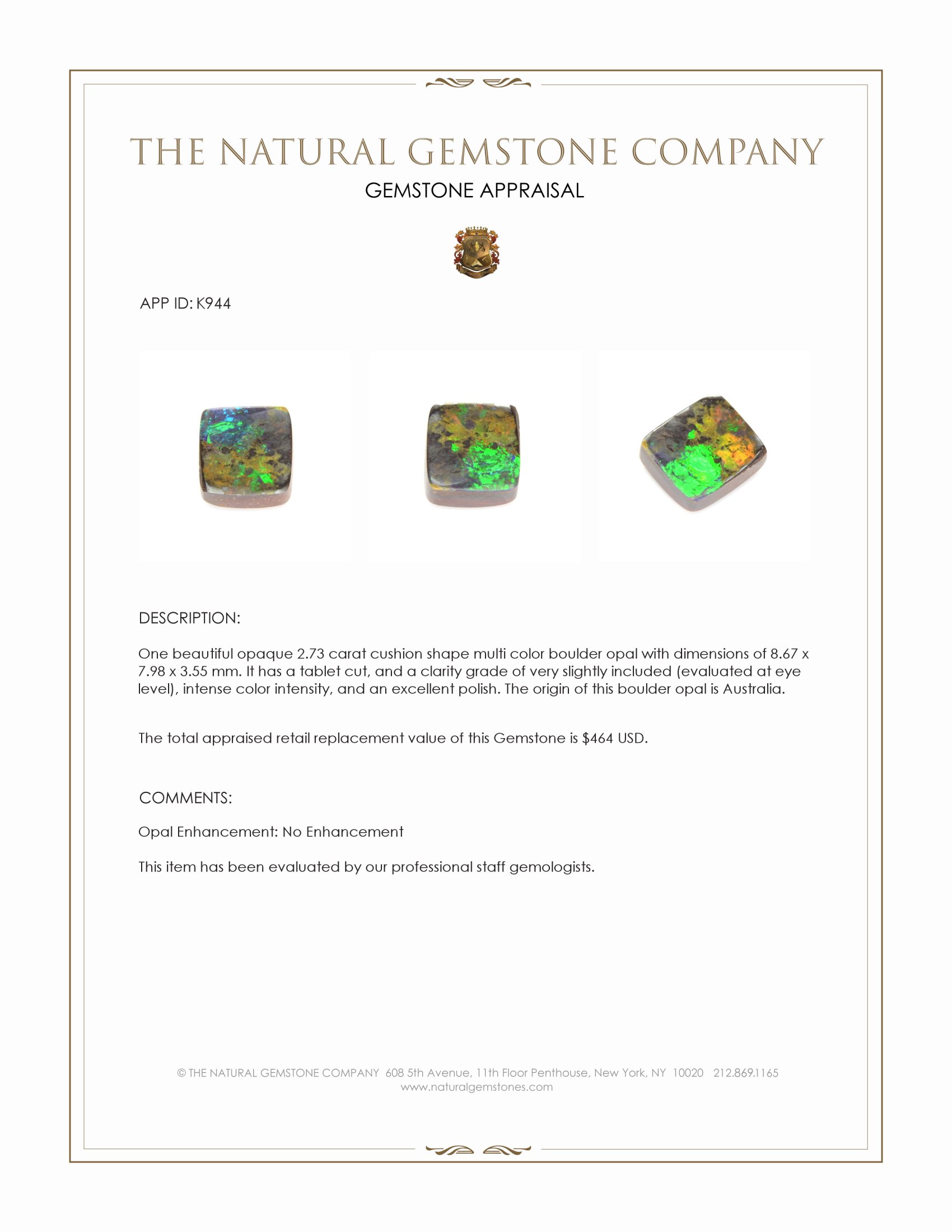 2.73 Ct. Multi Color Boulder Opal from Australia