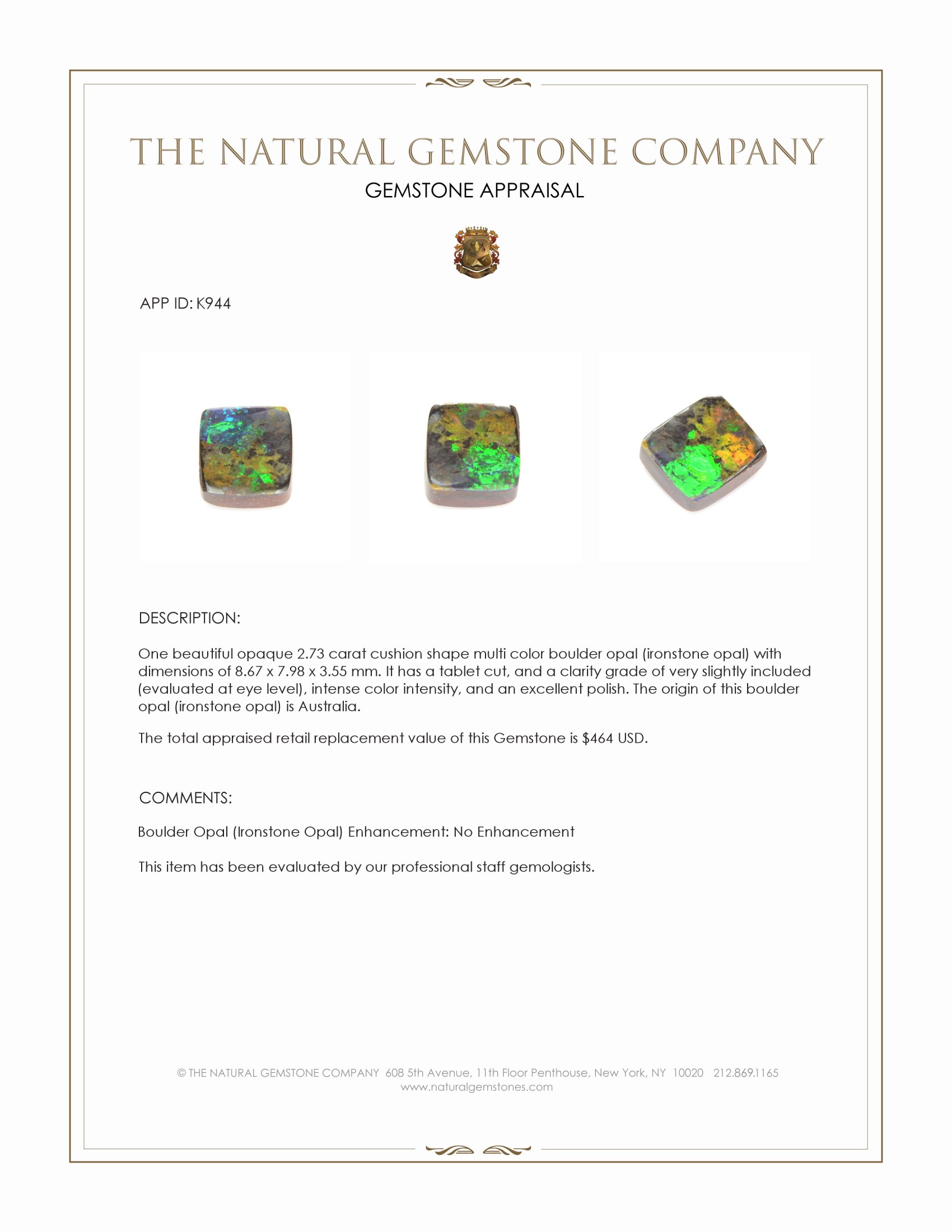 2.73 Ct. Multi Color Boulder Opal (Ironstone Opal) from Australia
