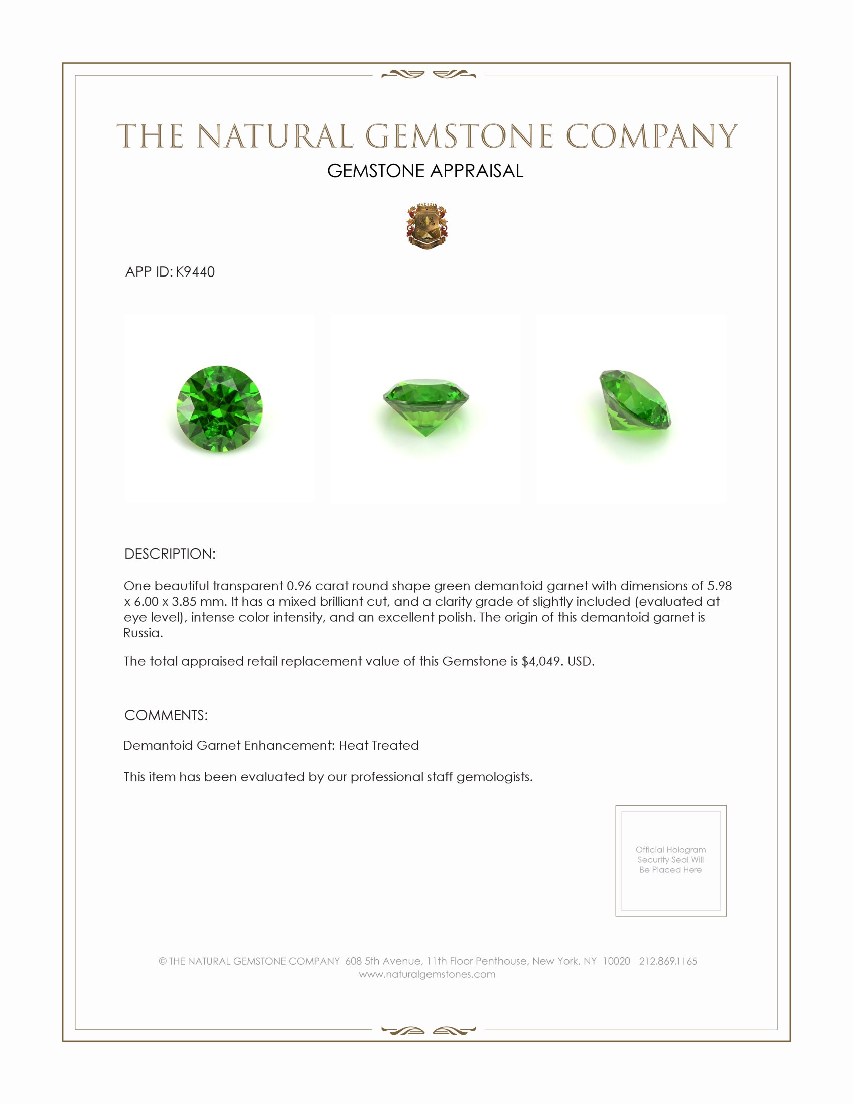 0.96 Ct. Demantoid Garnet from Russia