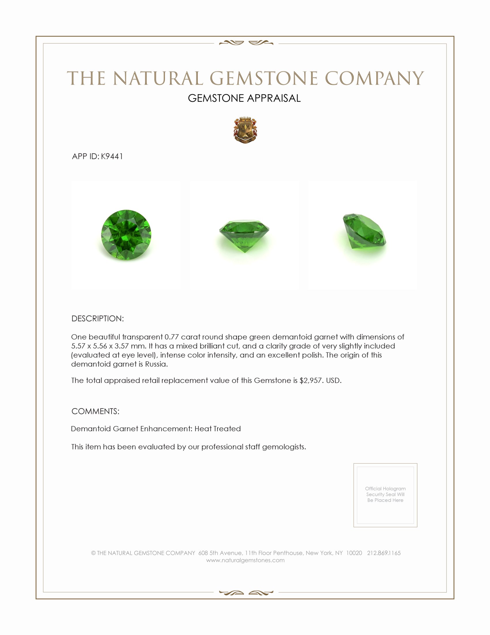 0.77 Ct. Demantoid Garnet from Russia