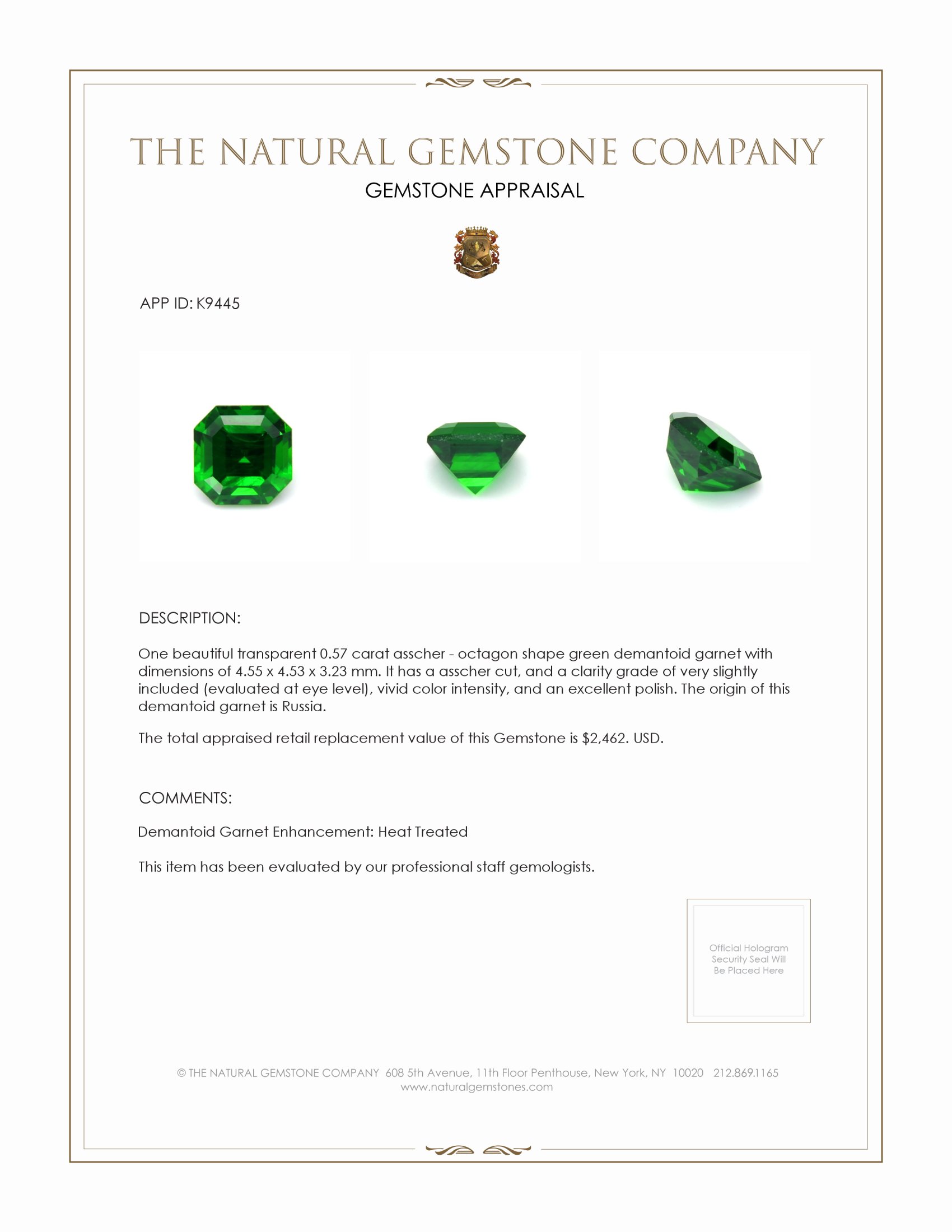 0.57 Ct. Demantoid Garnet from Russia