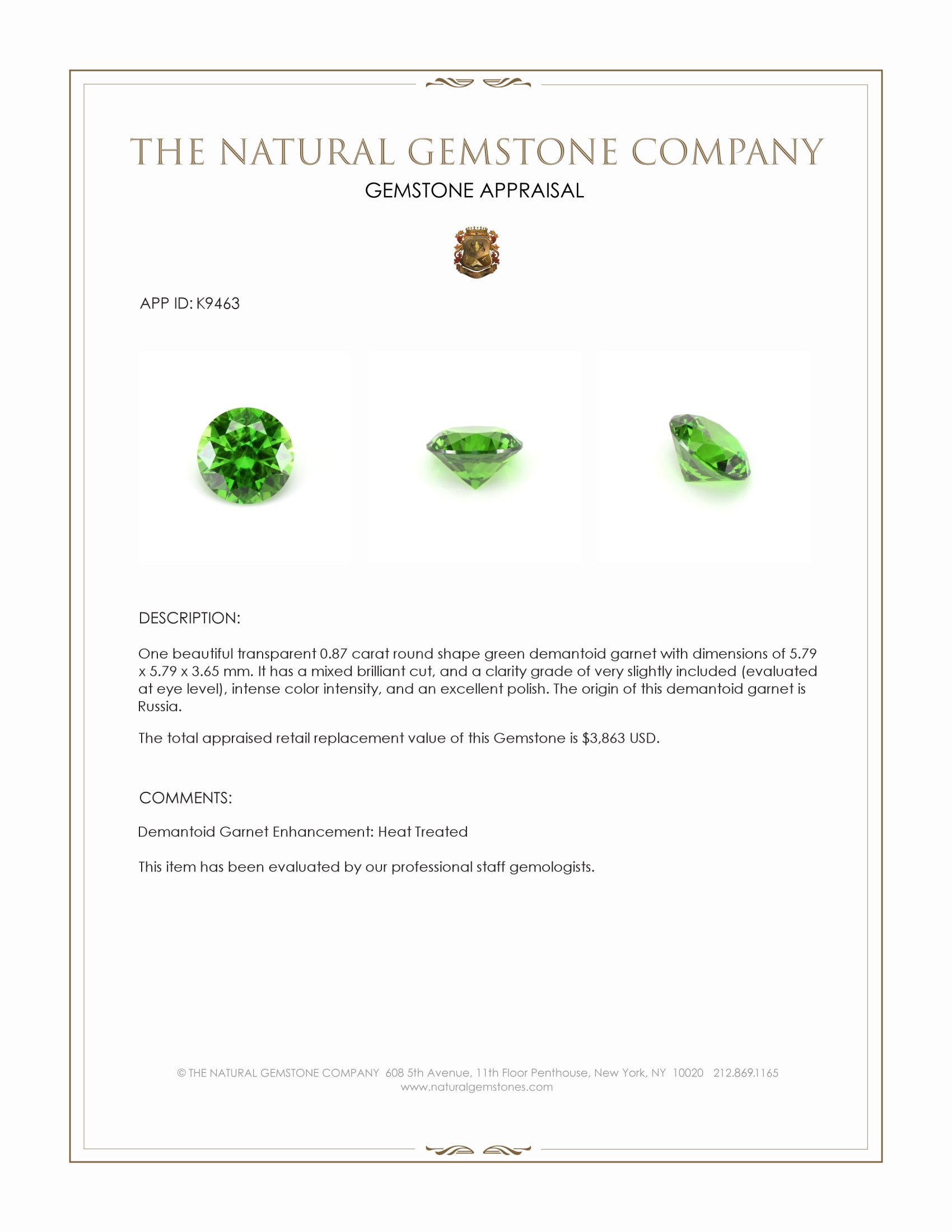 0.87 Ct. Demantoid Garnet from Russia