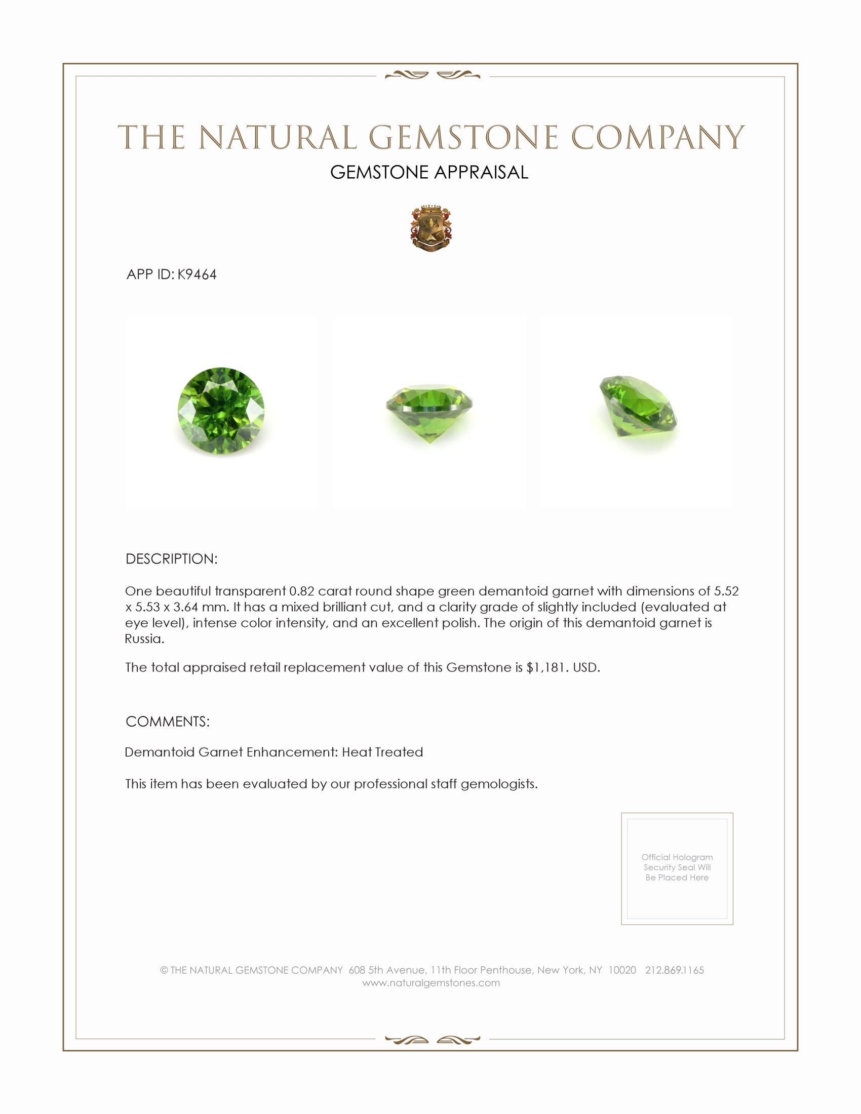 0.82 Ct. Demantoid Garnet from Russia