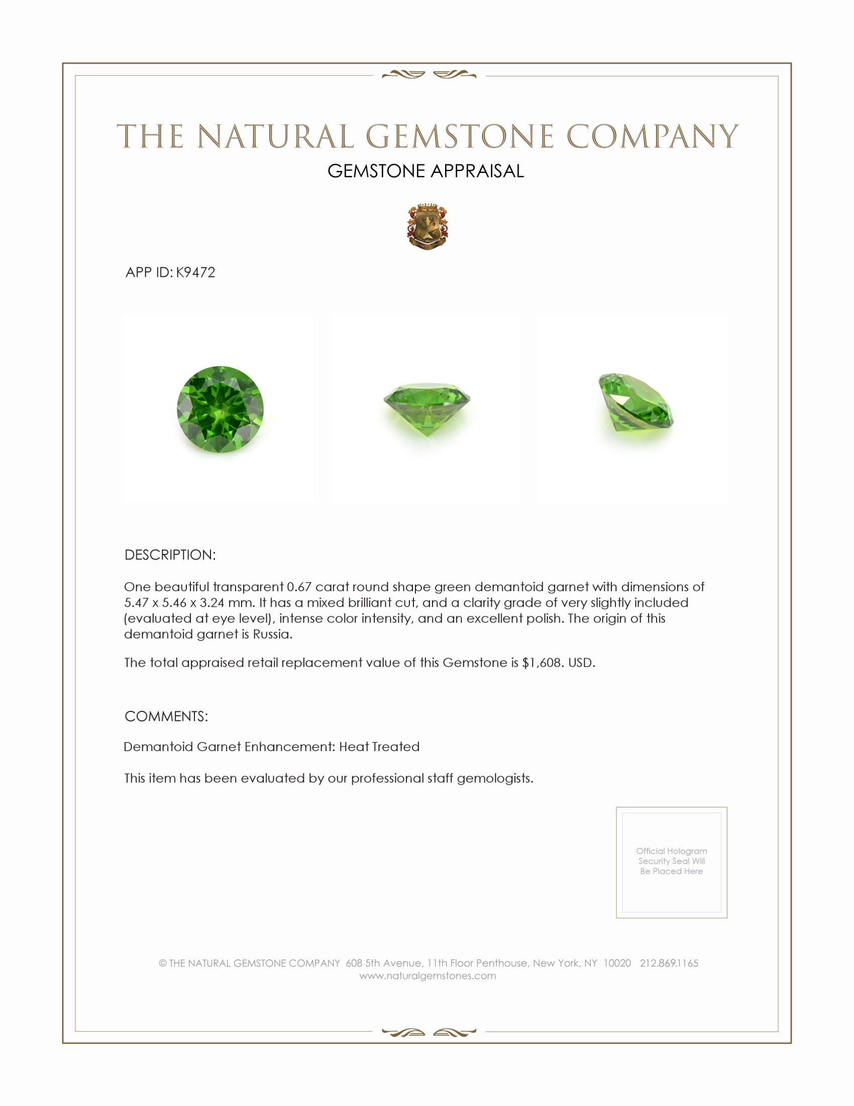 0.67 Ct. Demantoid Garnet from Russia