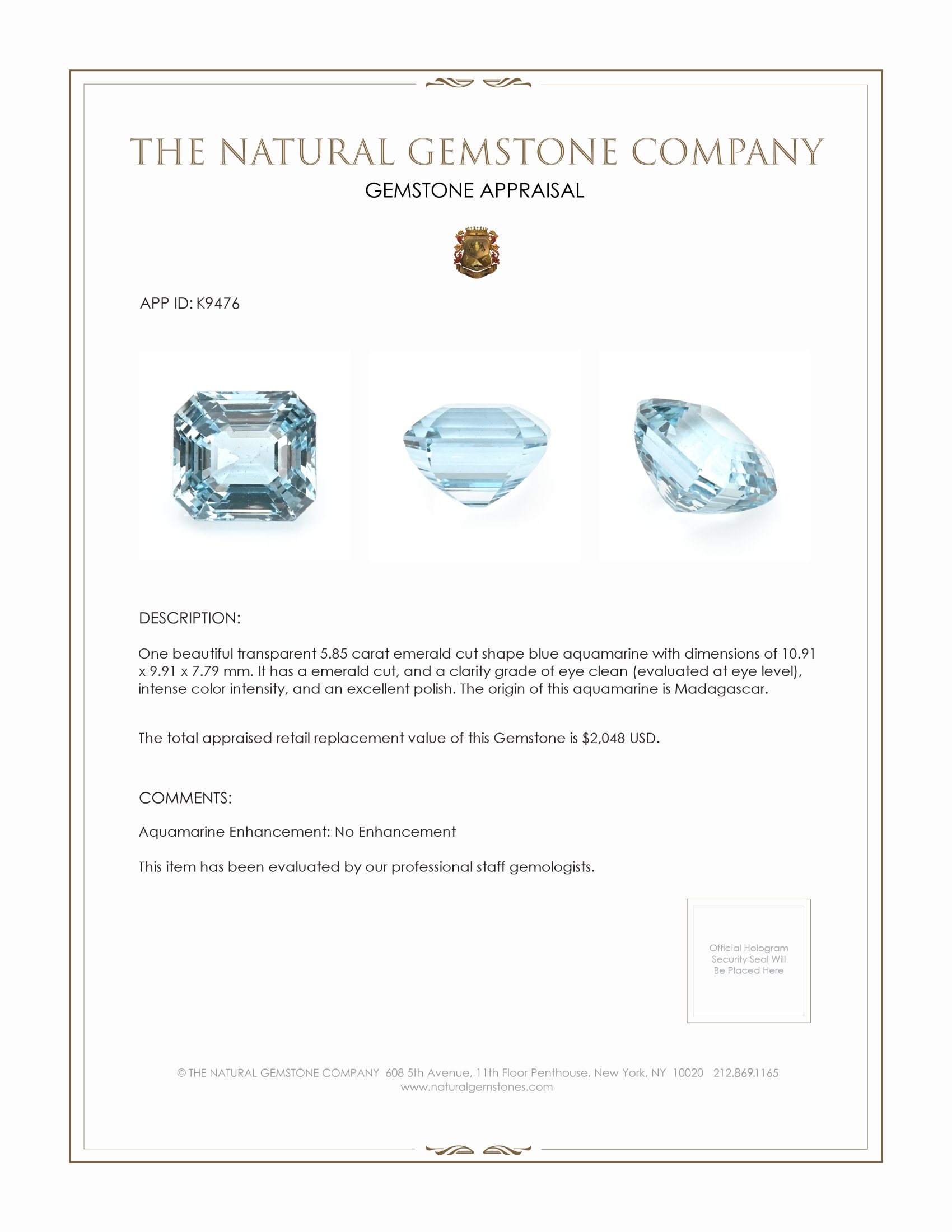 5.85 Ct. Aquamarine from Madagascar