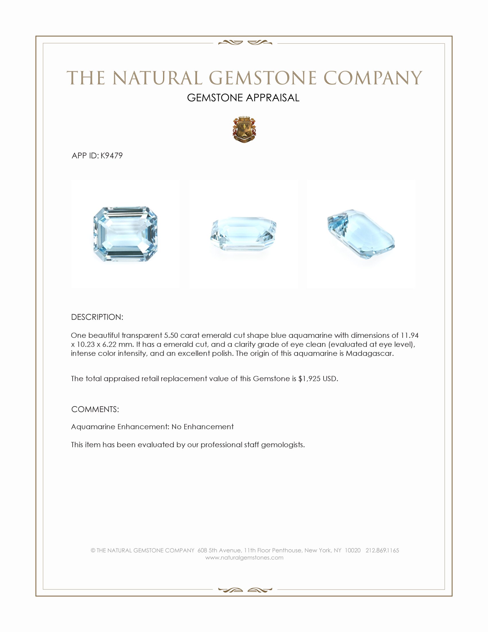 5.50 Ct. Blue Aquamarine from Madagascar