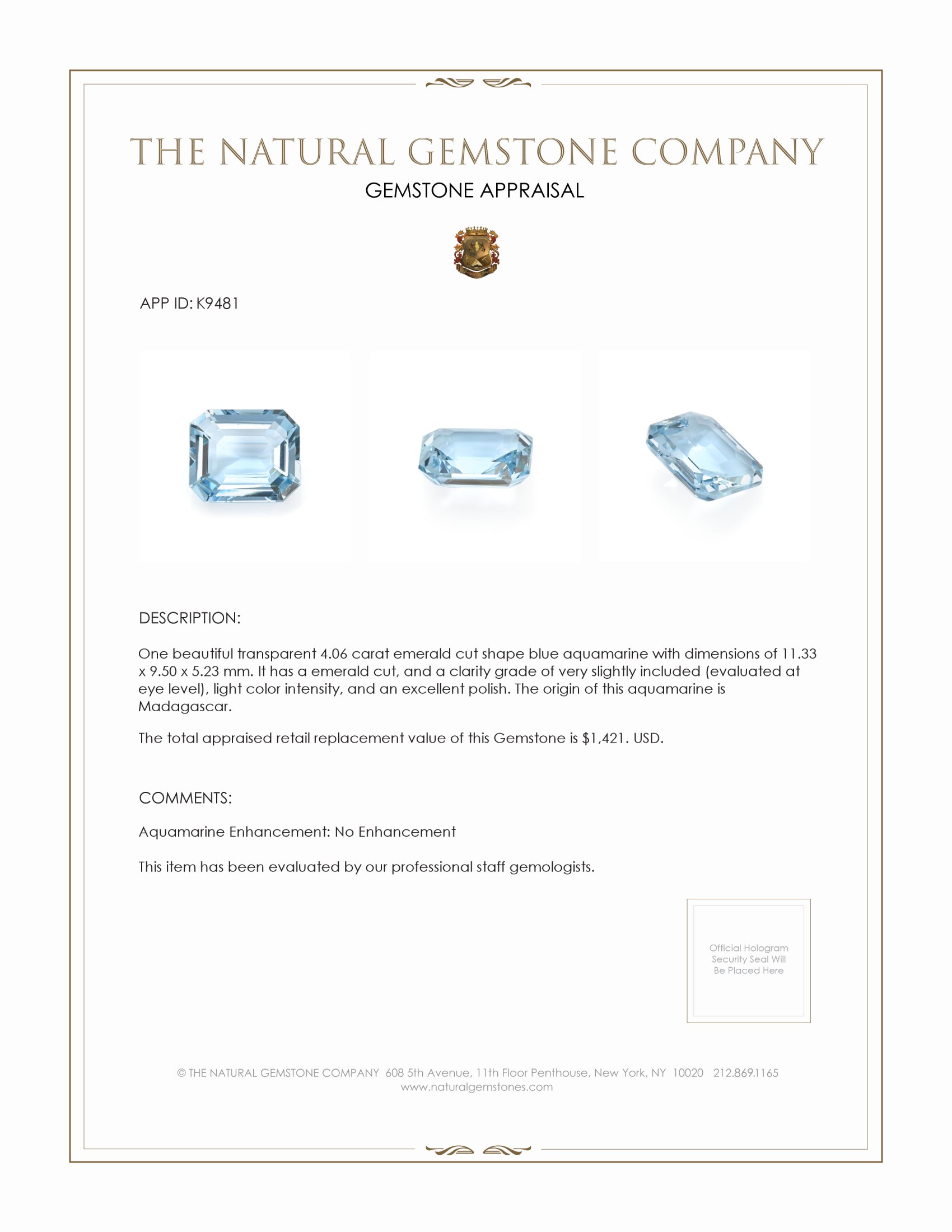 4.06 Ct. Aquamarine from Madagascar