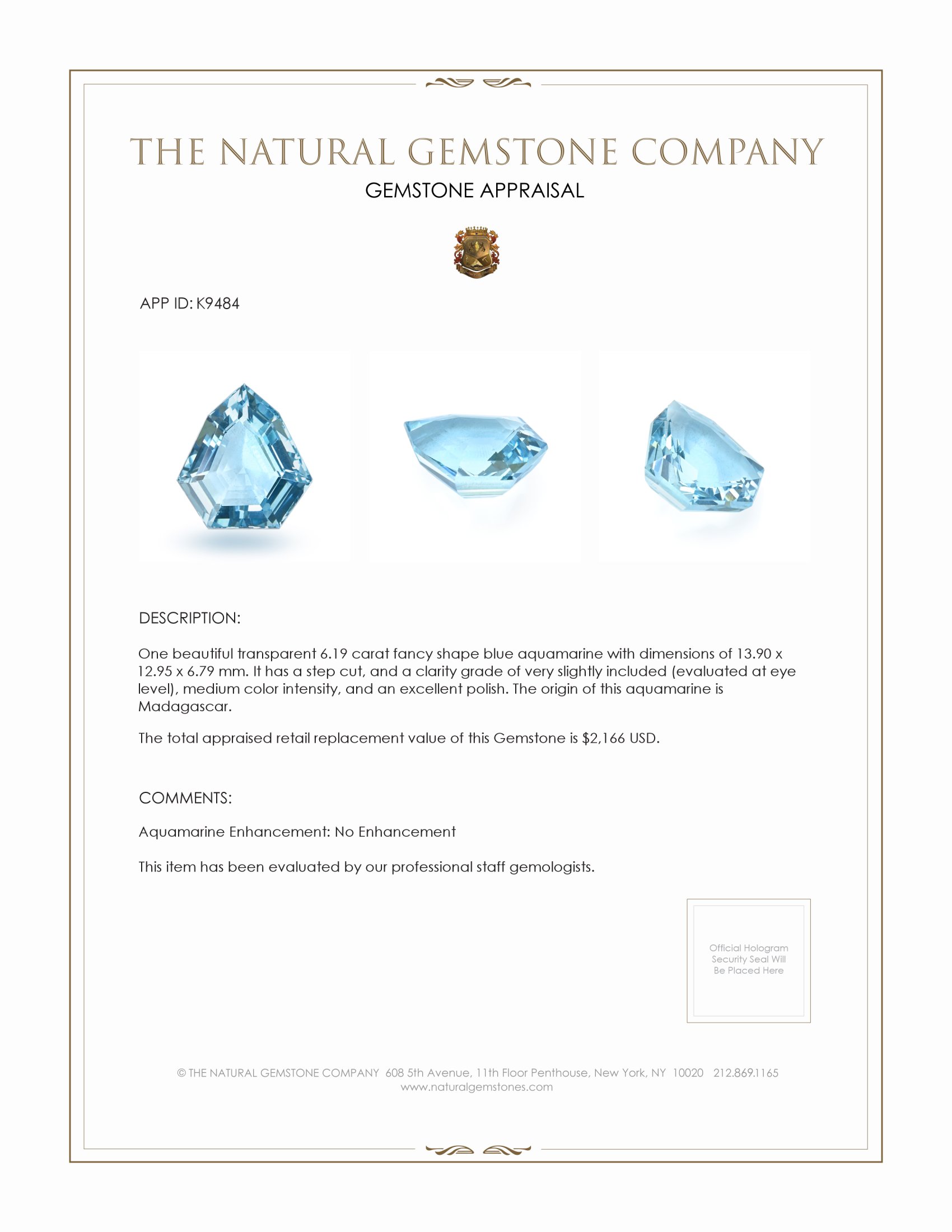 6.19 Ct. Blue Aquamarine from Madagascar