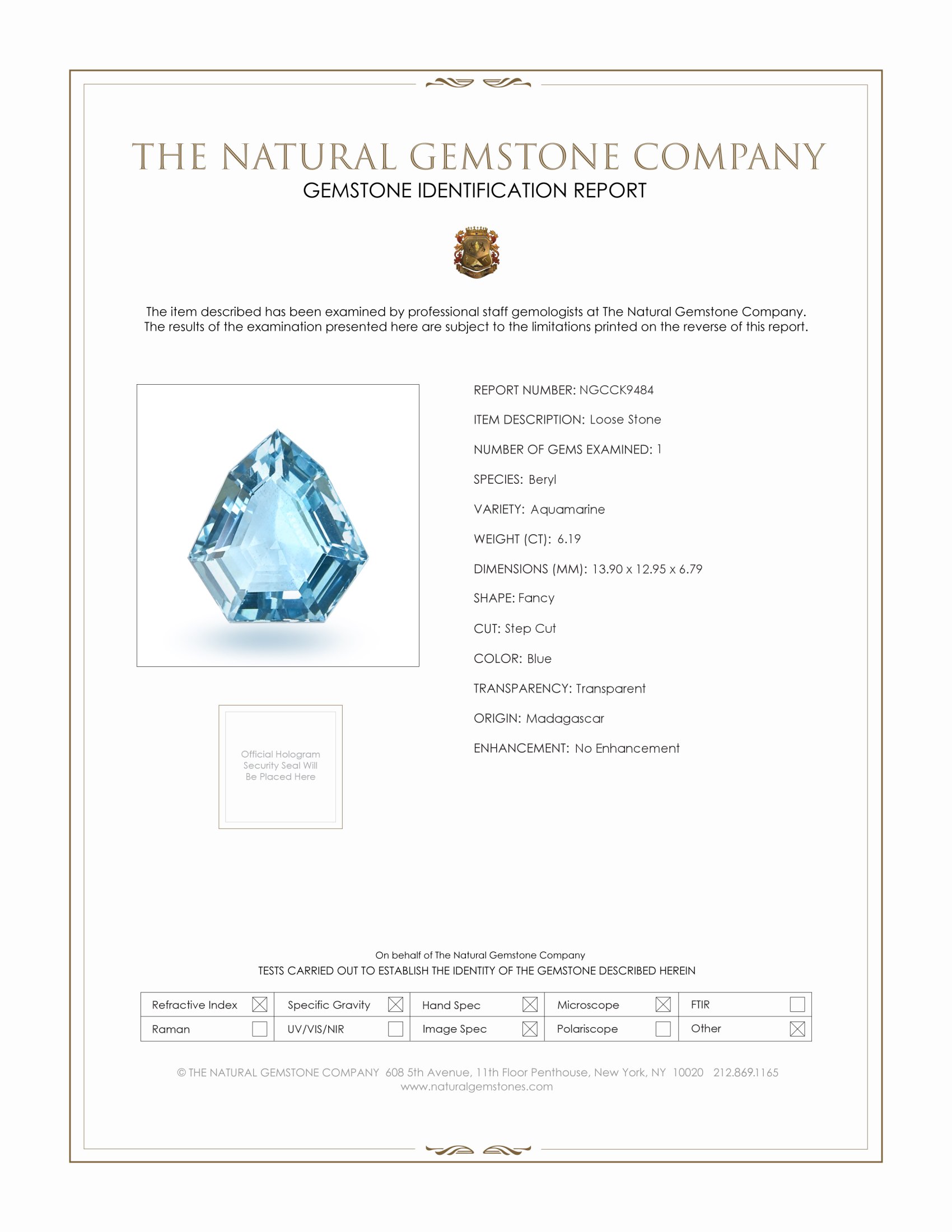 6.19 Ct. Blue Aquamarine from Madagascar