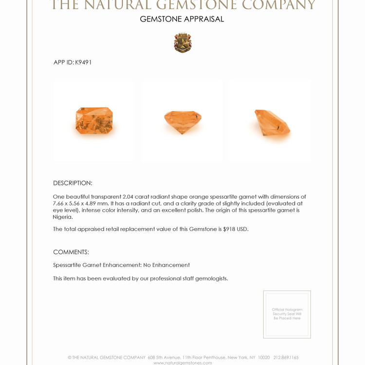 2.04 Ct. Spessartite Garnet from Nigeria