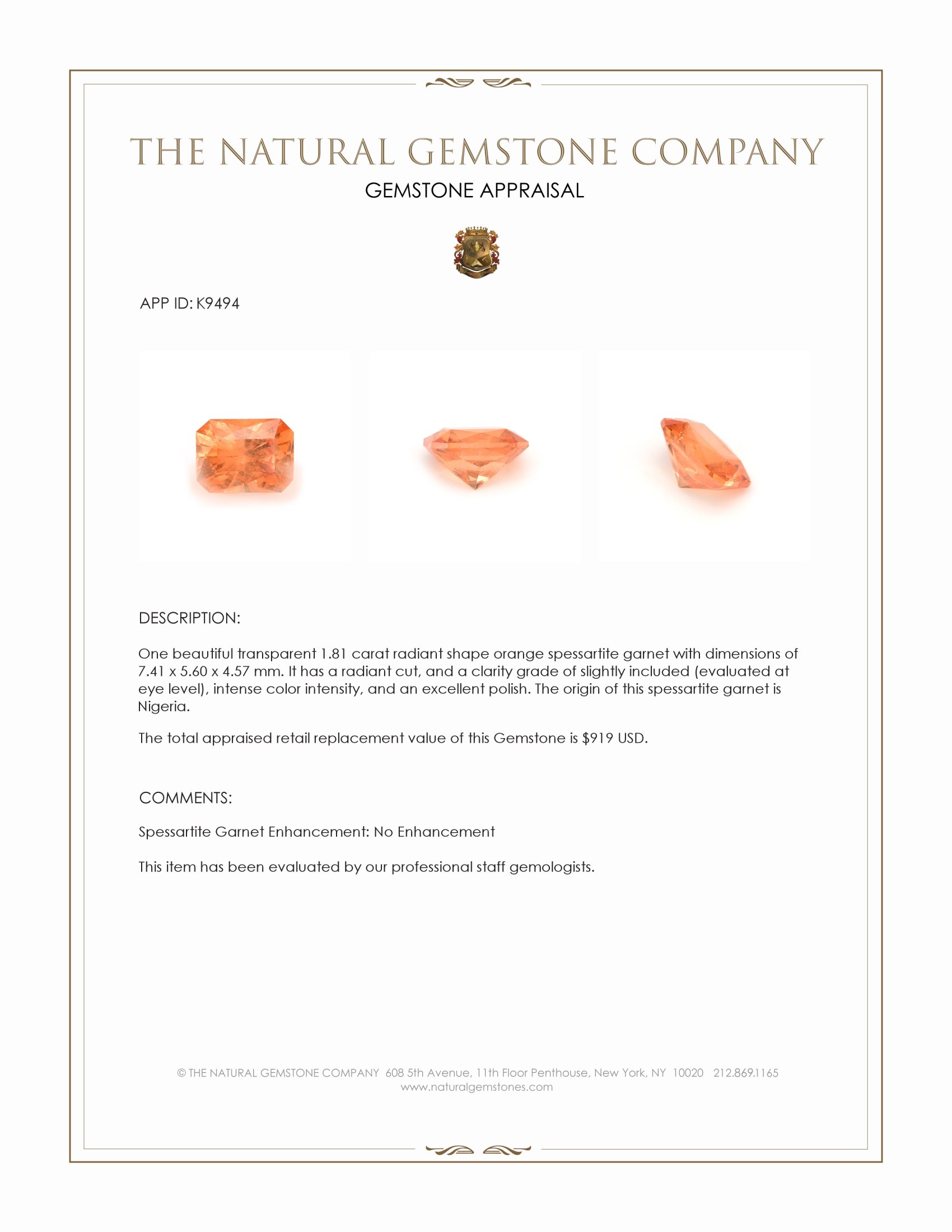 1.81 Ct. Orange Spessartite Garnet from Nigeria