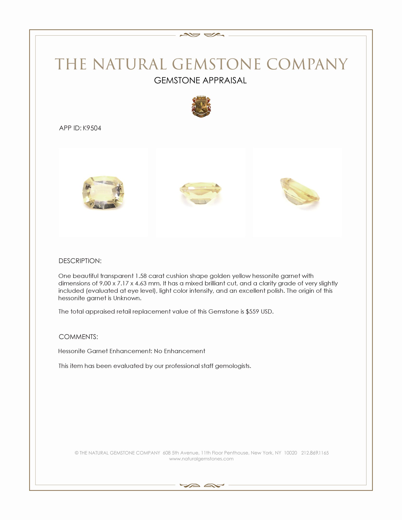 1.58 Ct. Golden Yellow Hessonite Garnet