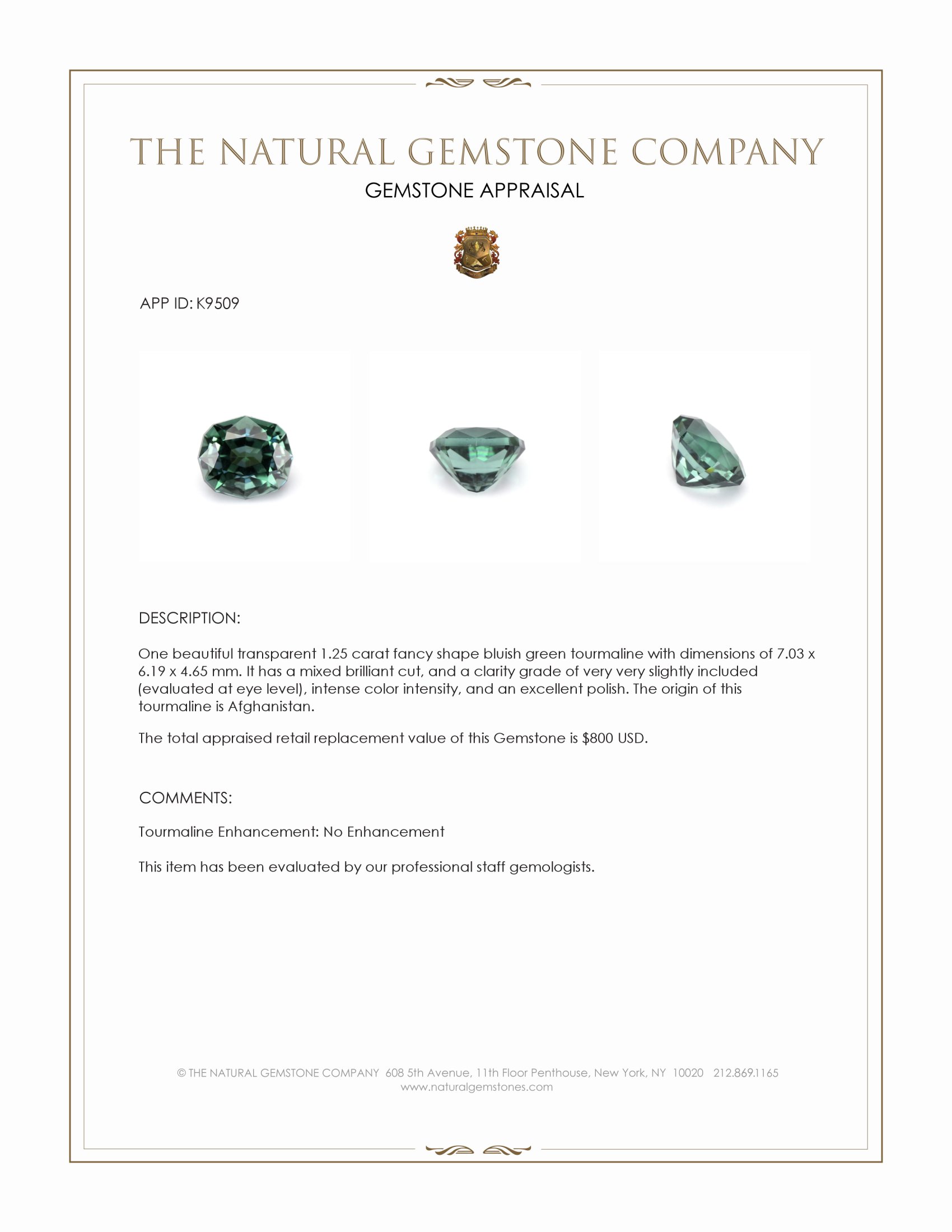 1.25 Ct. Bluish Green Tourmaline from Afghanistan