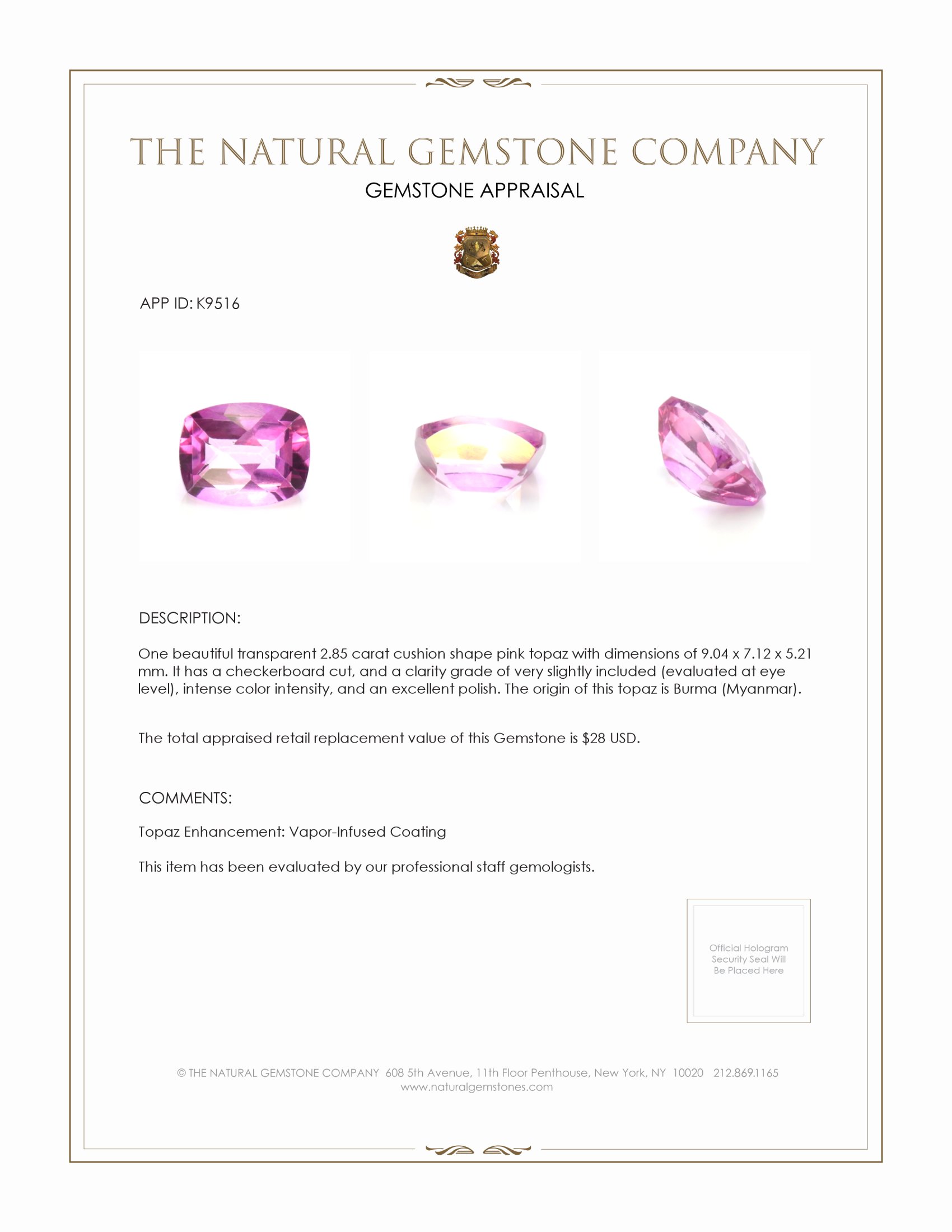 2.85 Ct. Topaz from Burma (Myanmar)