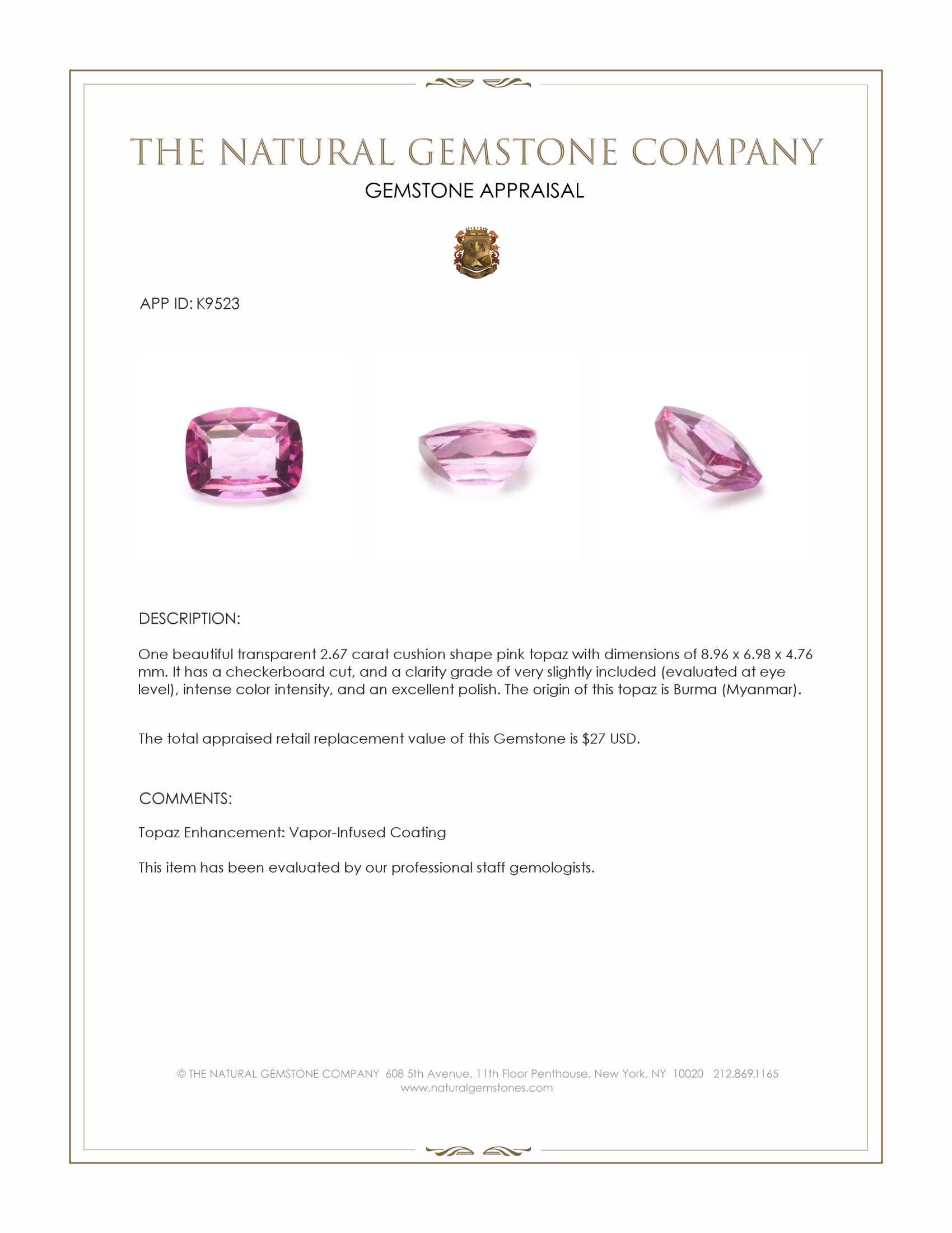 2.67 Ct. Pink Topaz from Burma (Myanmar)