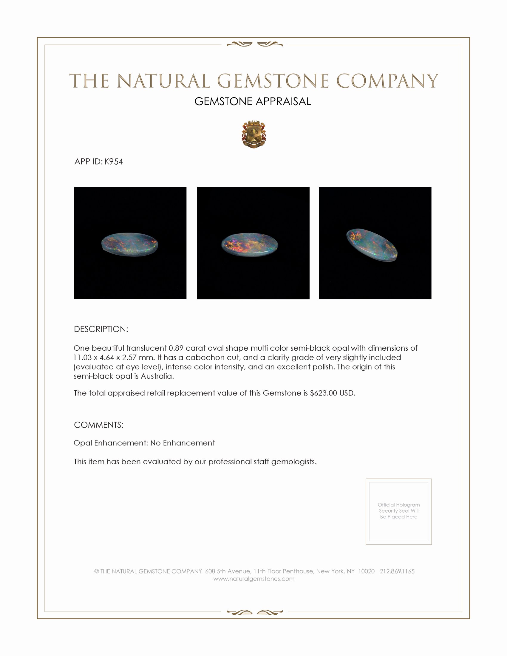 0.89 Ct. Cabochon Semi-Black Opal from Australia